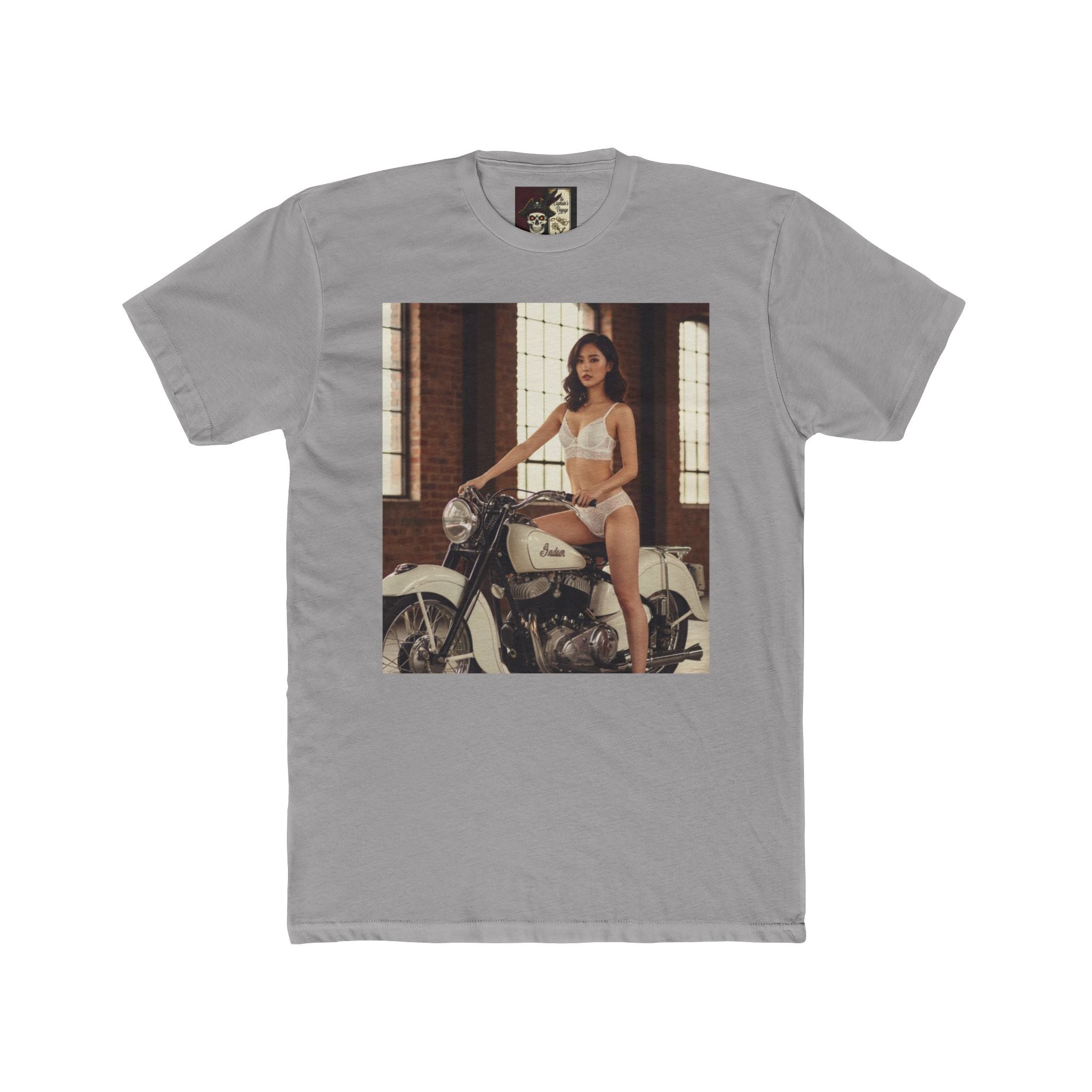 Vintage Motorcycle Pinup Tee — Retro Biker Photo Crewneck