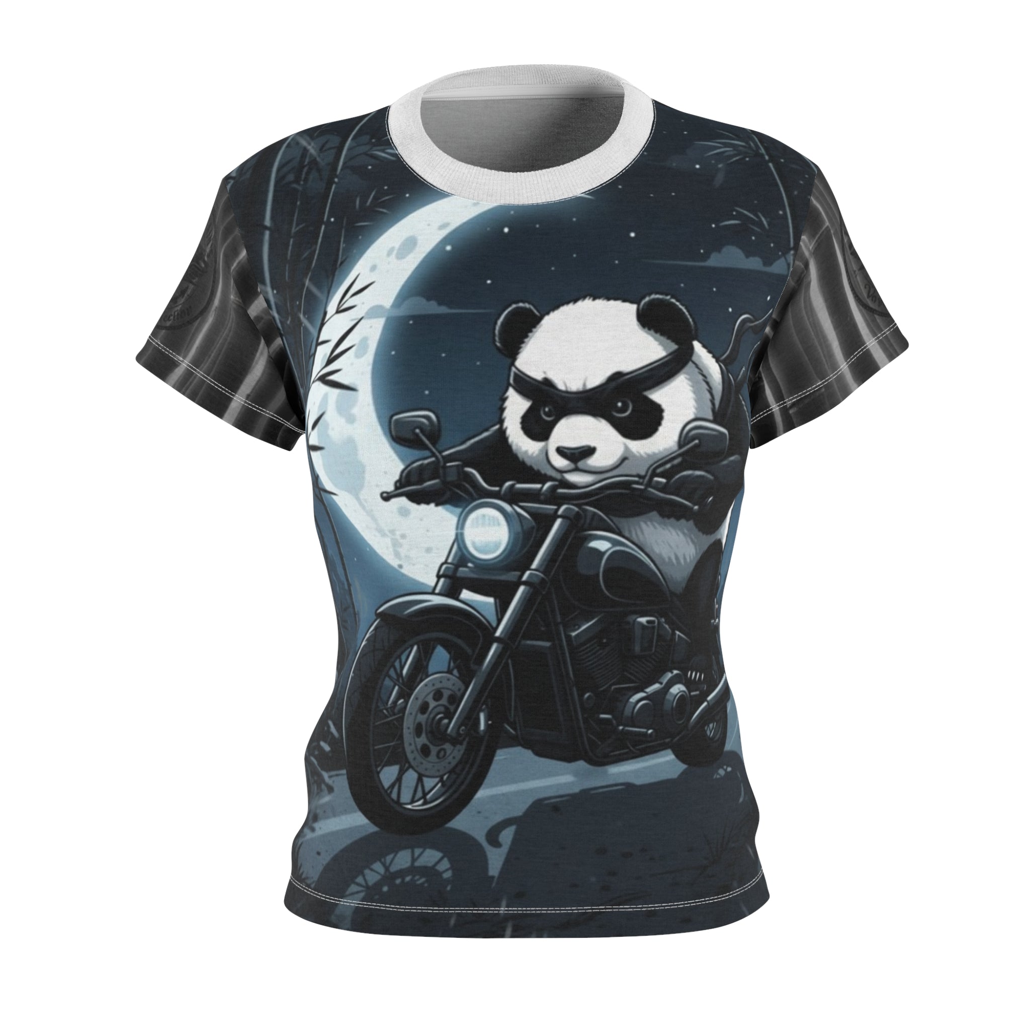 Panda Biker Women's Tee — Moonlit Motorcycle Graphic All-Over Print