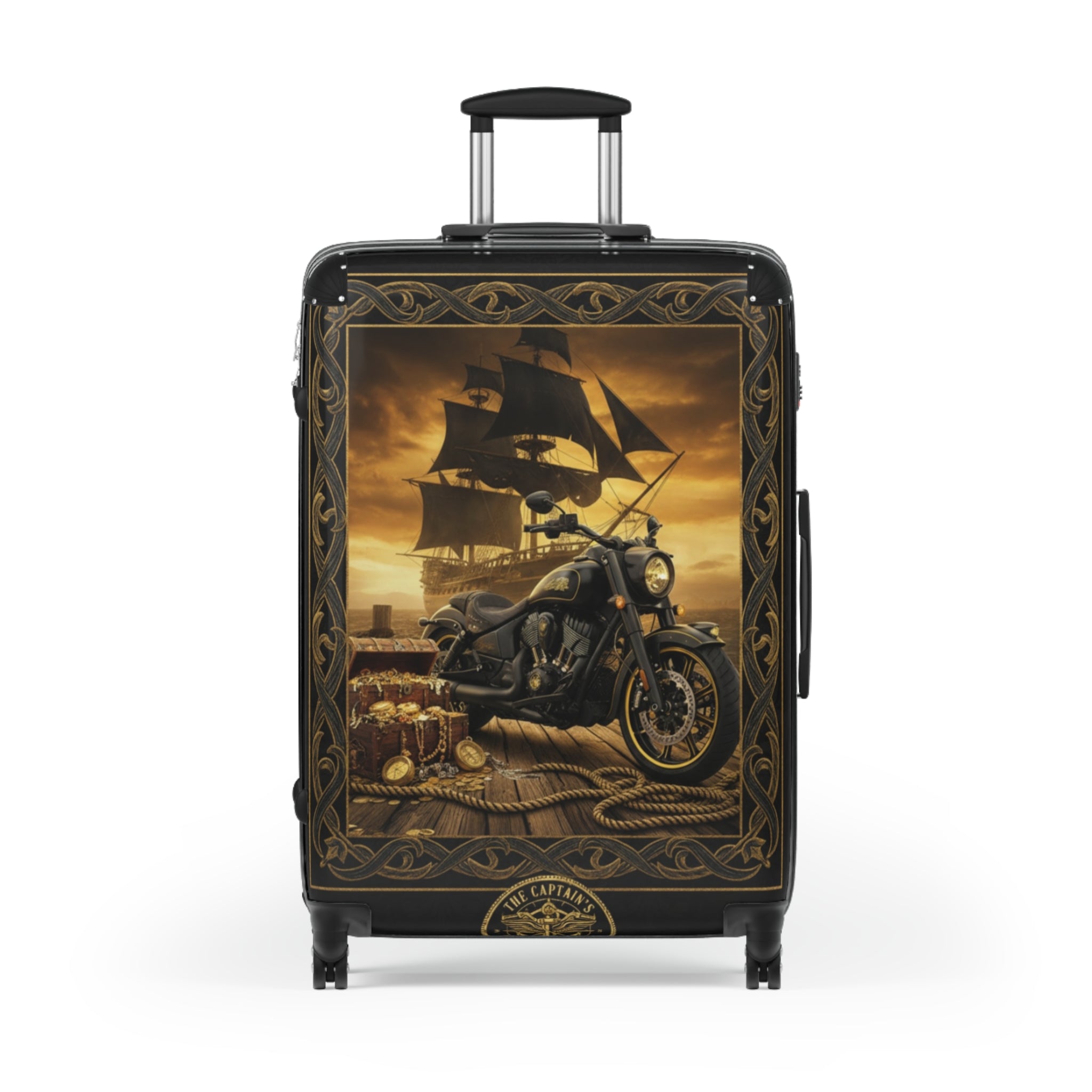 Vintage Pirate Ship & Motorcycle Suitcase – Travel Carry-On with Nautical Adventure Design