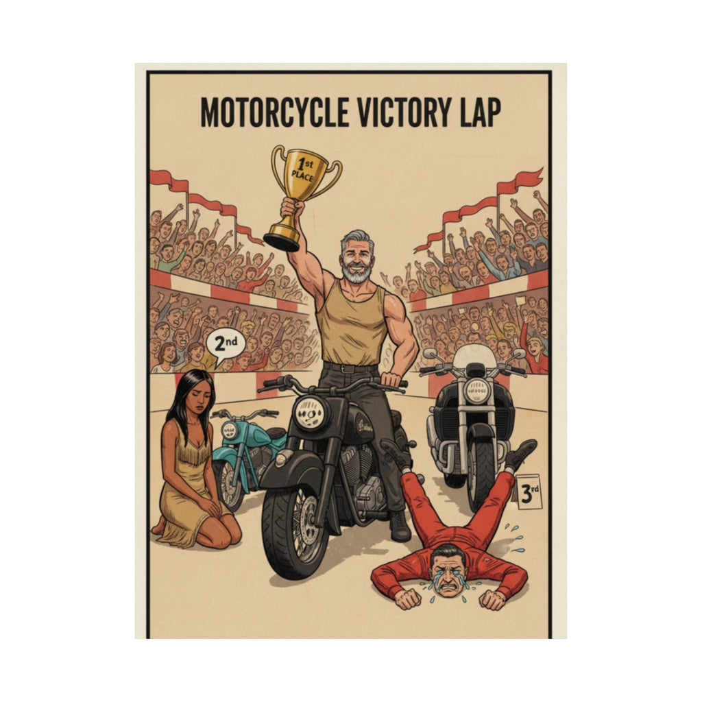 Motorcycle Victory Lap Poster — Retro Biker Triumph Matte Vertical Art