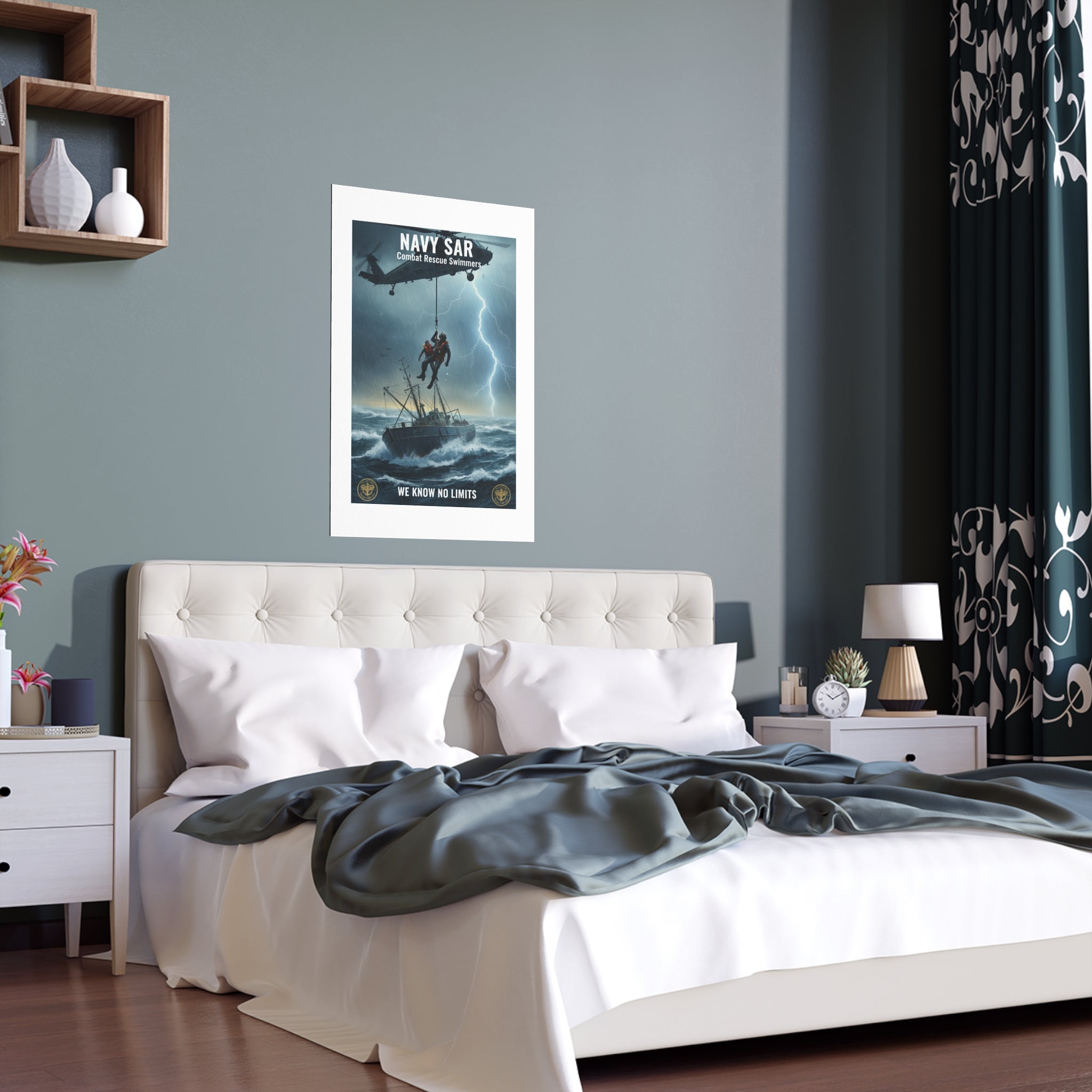 Rescue at Sea Silk Poster — Storm Helicopter Lifesaver Wall Art (Indoor/Outdoor)