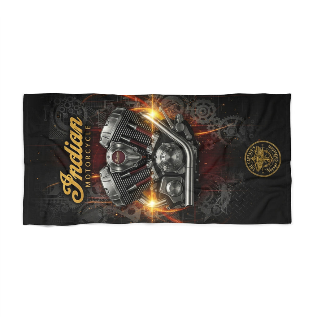 Indian Motorcycle Engine Beach Towel — Vintage Biker Beach Towel with Flaming V-Twin Design