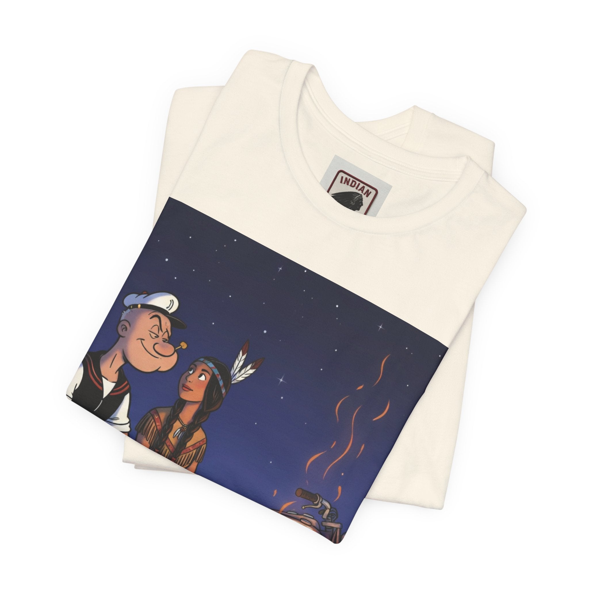 Popeye & Olive Adventure Tee — Vintage Motorcycle Campfire Graphic T-Shirt