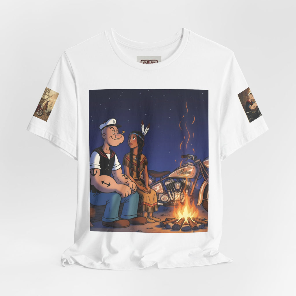 Popeye & Olive Adventure Tee — Vintage Motorcycle Campfire Graphic T-Shirt