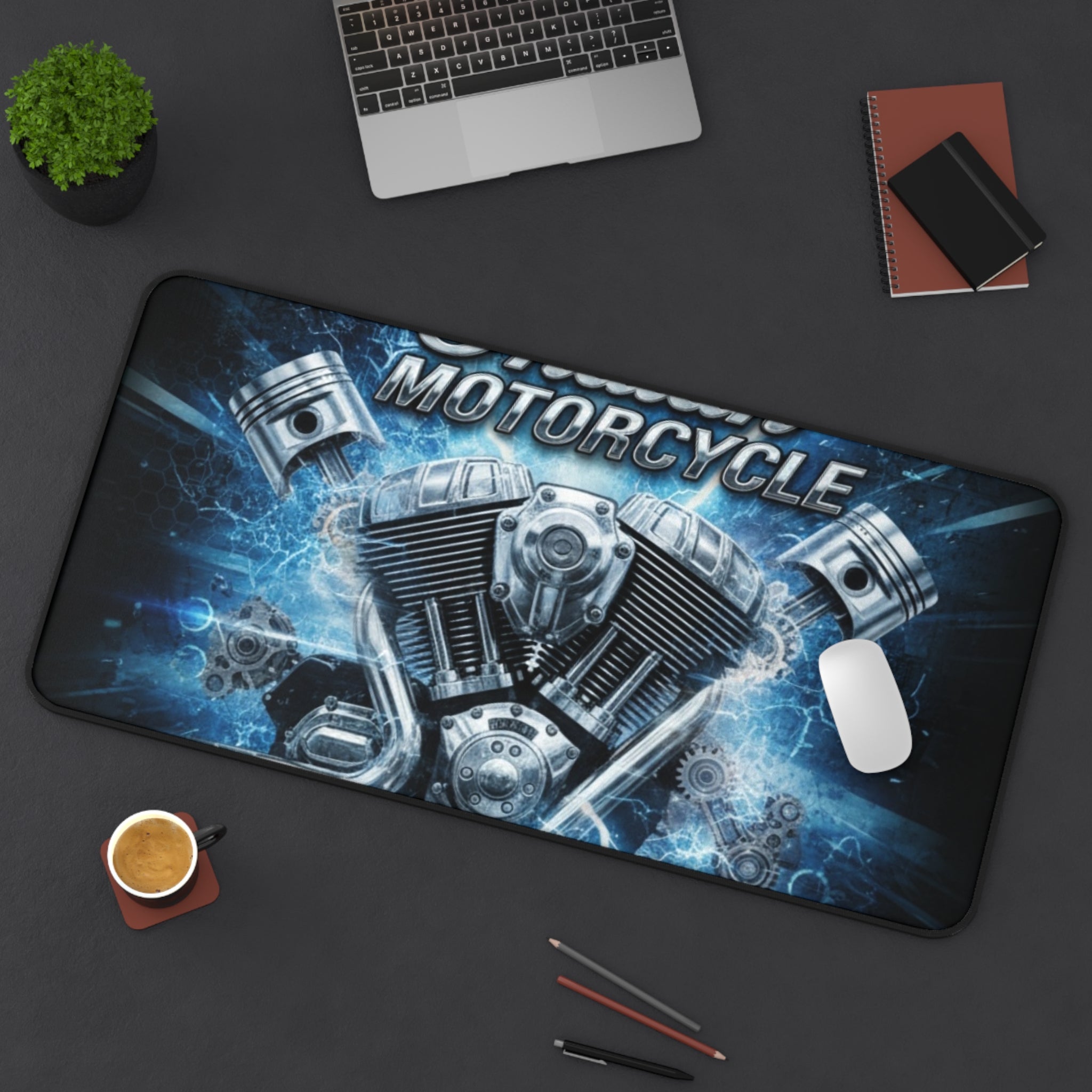 Indian Motorcycle Engine Desk Mat — Blue V-Twin Motor Graphic Mouse Pad