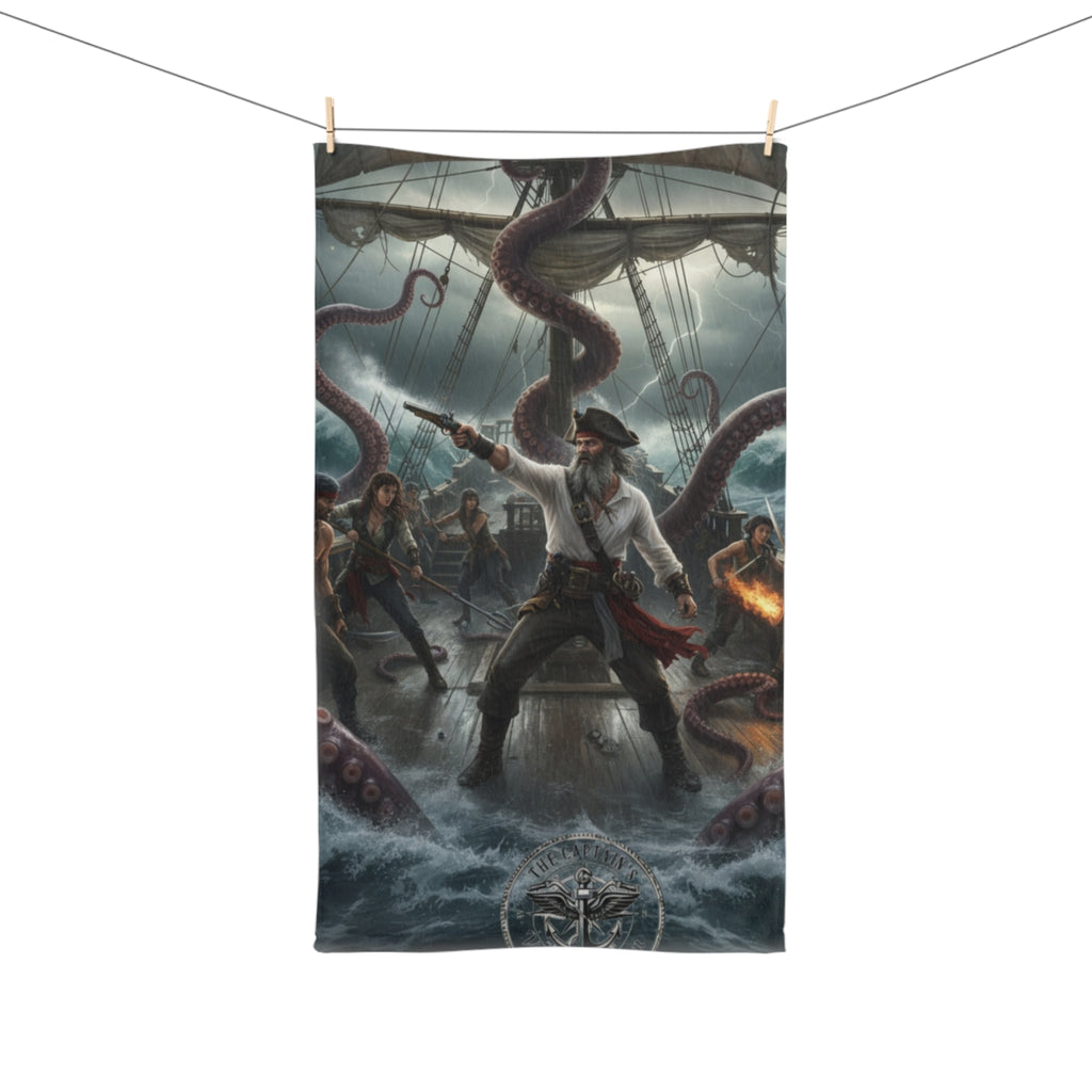 Pirate Kraken Battle Hand Towel — Nautical Pirate Ship Coastal Decor