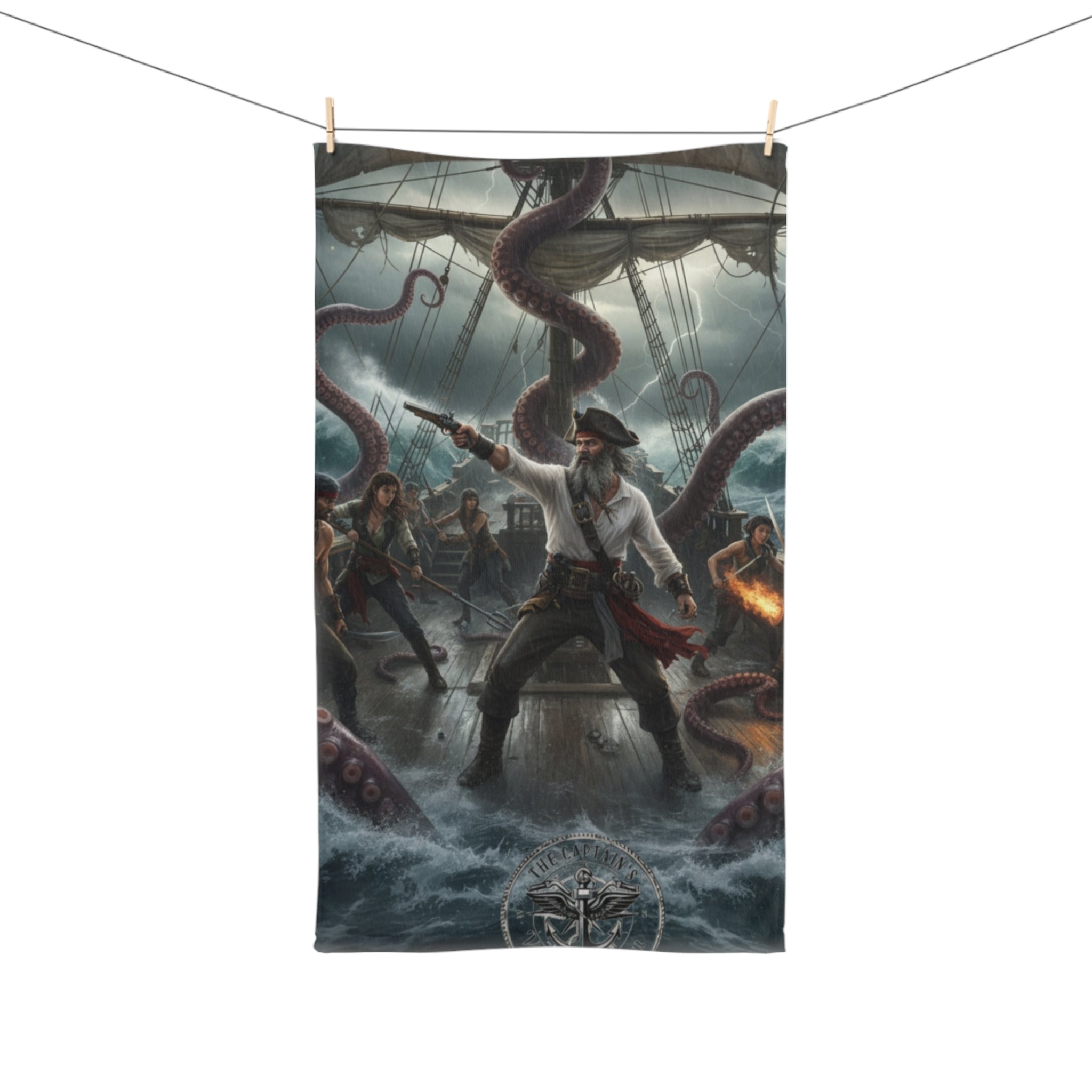 Pirate Kraken Battle Hand Towel — Nautical Pirate Ship Coastal Decor