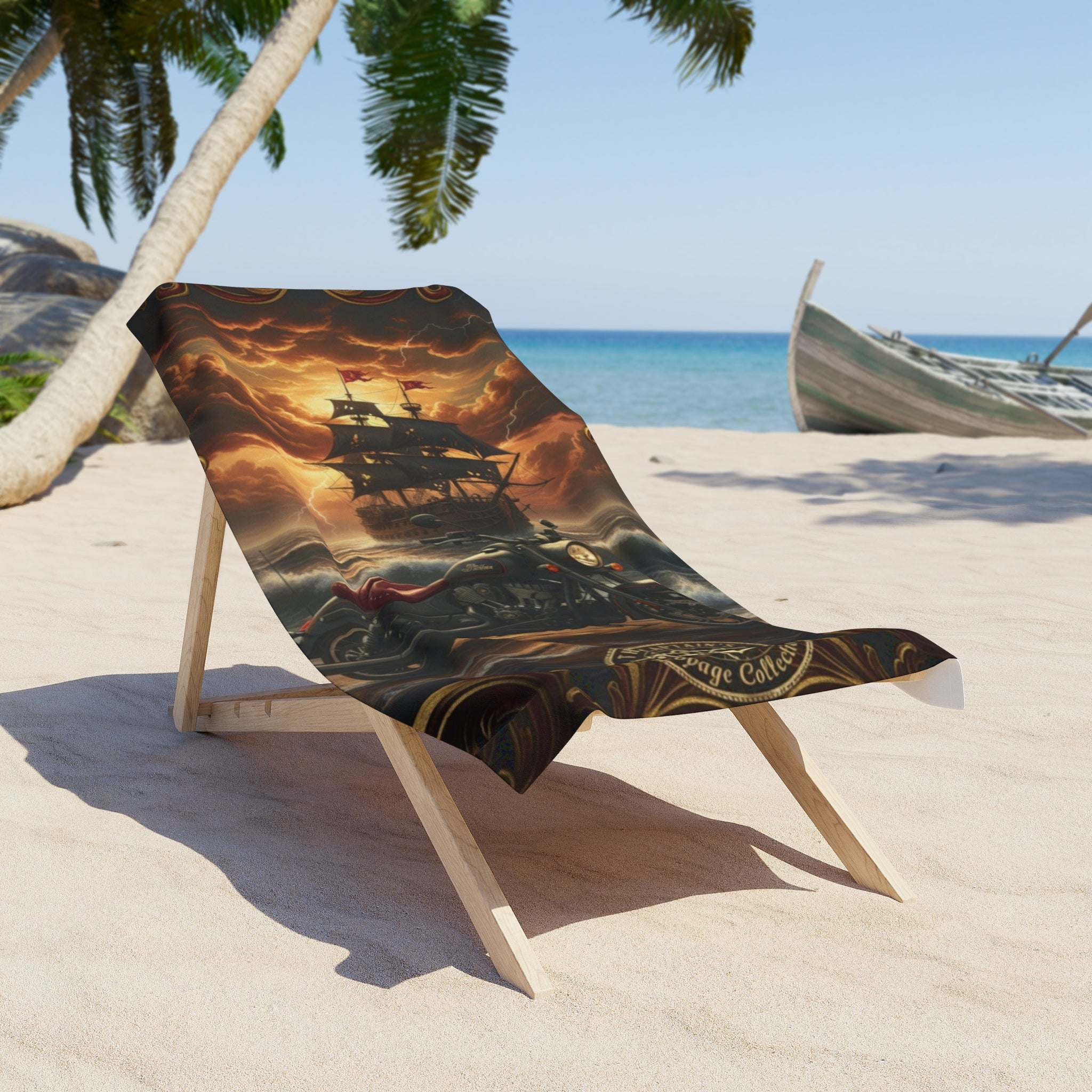 Pirate Ship & Motorcycle Beach Towel — Vintage Nautical Sunset Graphic