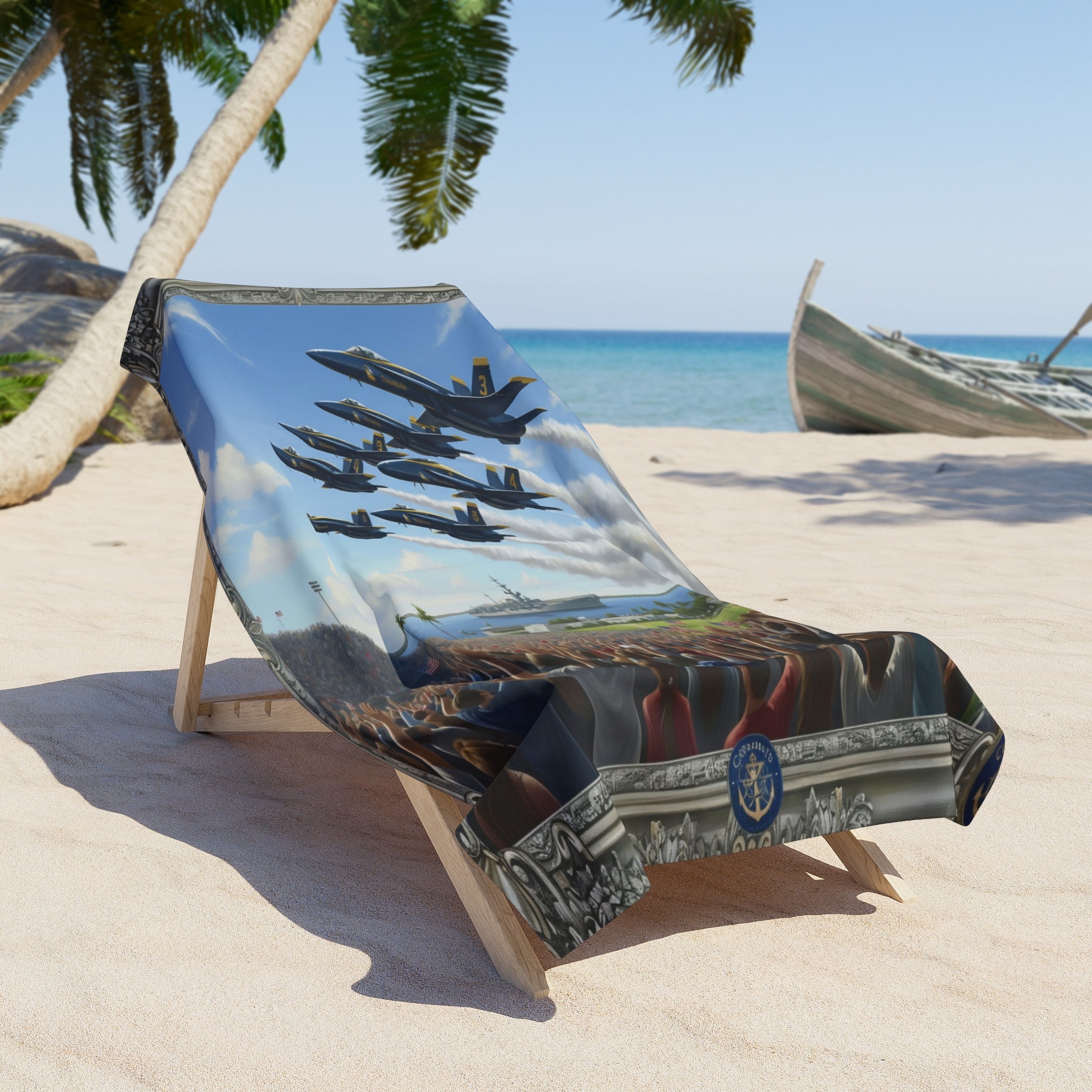Blue Angels Airshow Beach Towel — Military Jet Flyover Crowd Design