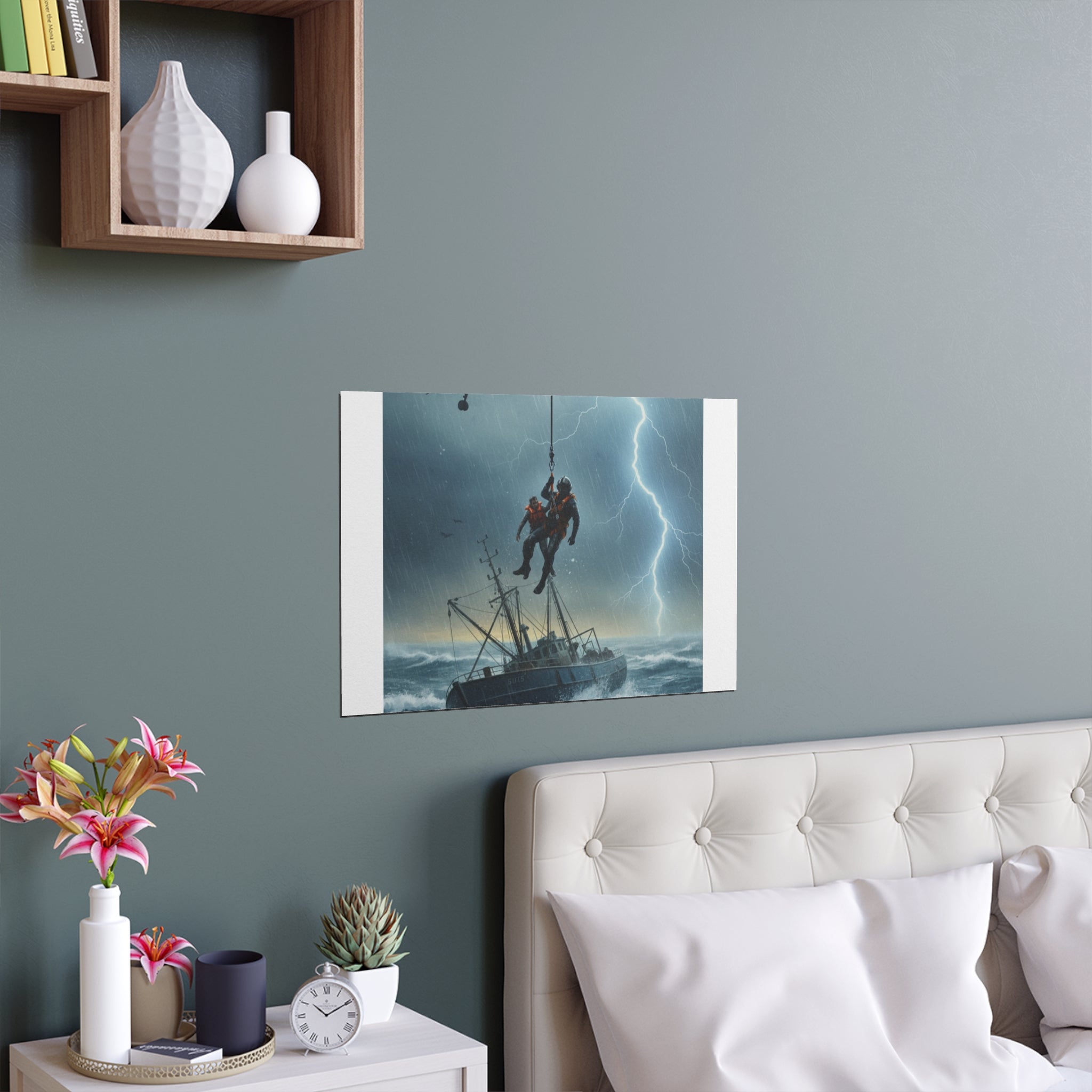 Rescue at Sea Silk Poster — Storm Helicopter Lifesaver Wall Art (Indoor/Outdoor)