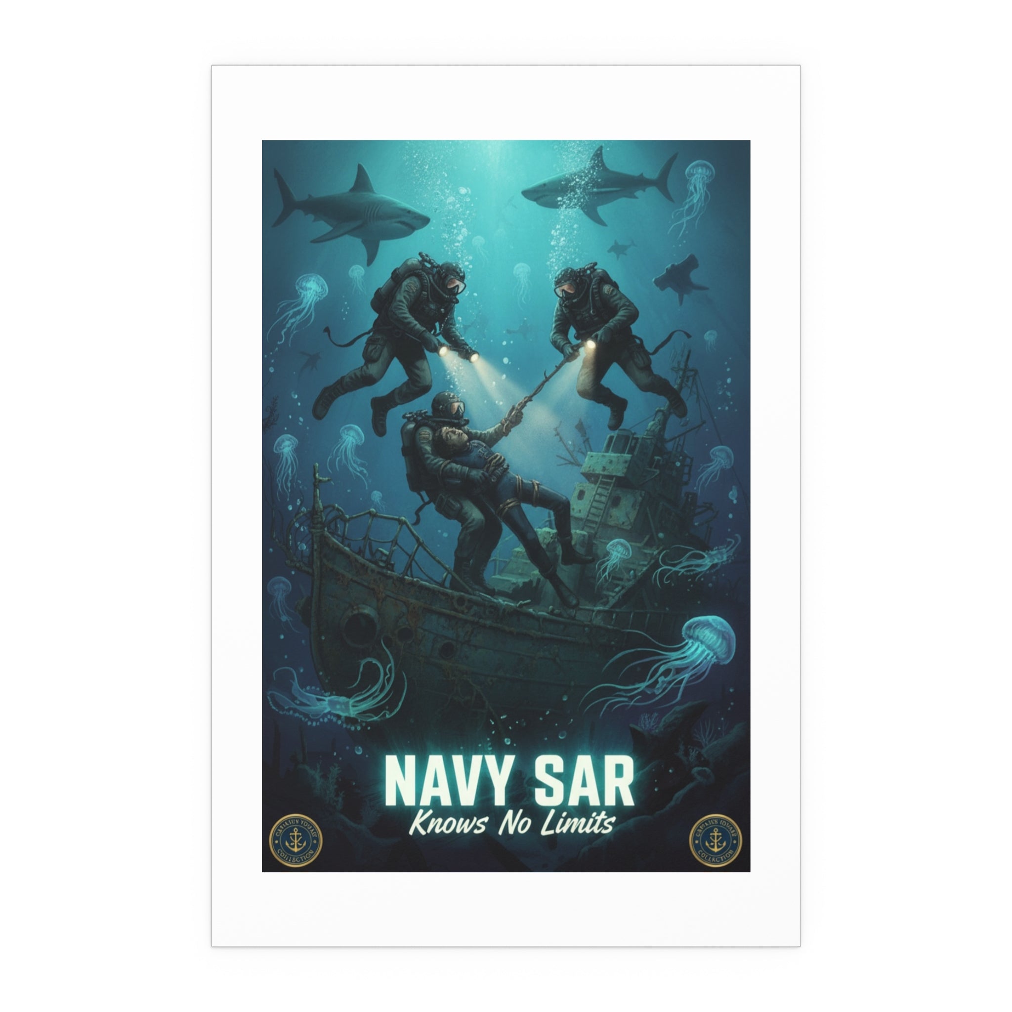 Navy SAR Silk Poster — 'Knows No Limits' Underwater Diver Rescue Art