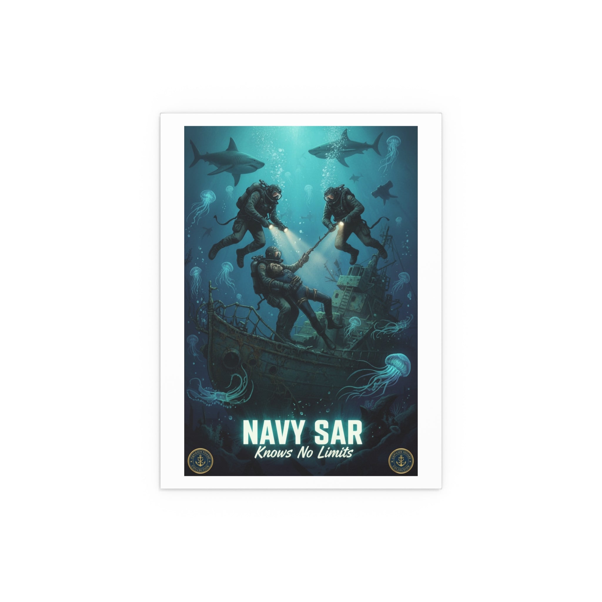 Navy SAR Silk Poster — 'Knows No Limits' Underwater Diver Rescue Art