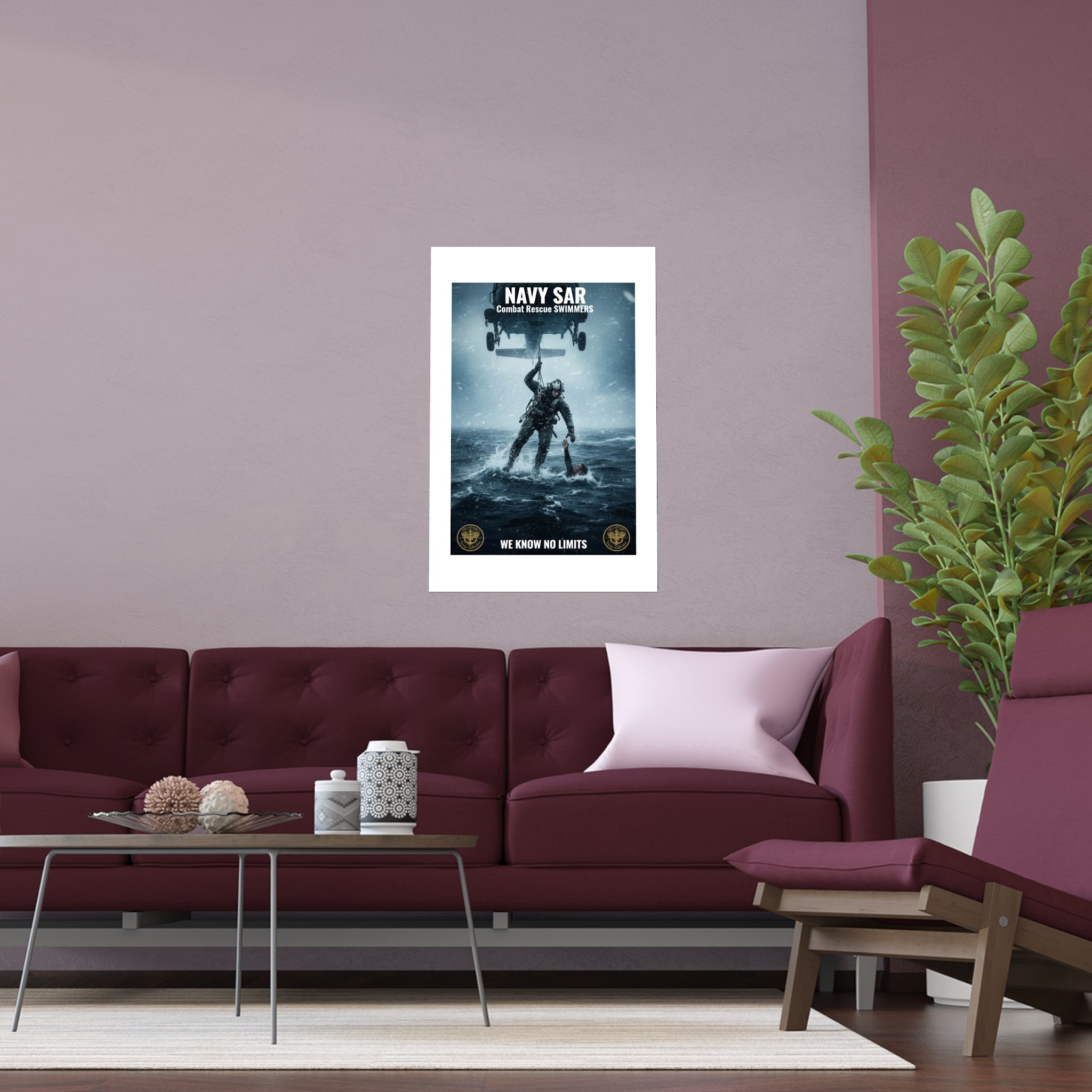 Rescue Diver Silk Poster – Dramatic Sea & Helicopter Wall Art (Indoor/Outdoor)