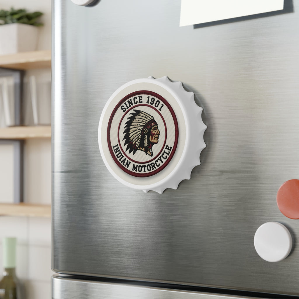 Beer Bottle Opener - Vintage 'Since 1901 Indian Motorcycle' Round Magnet Bottle Cap