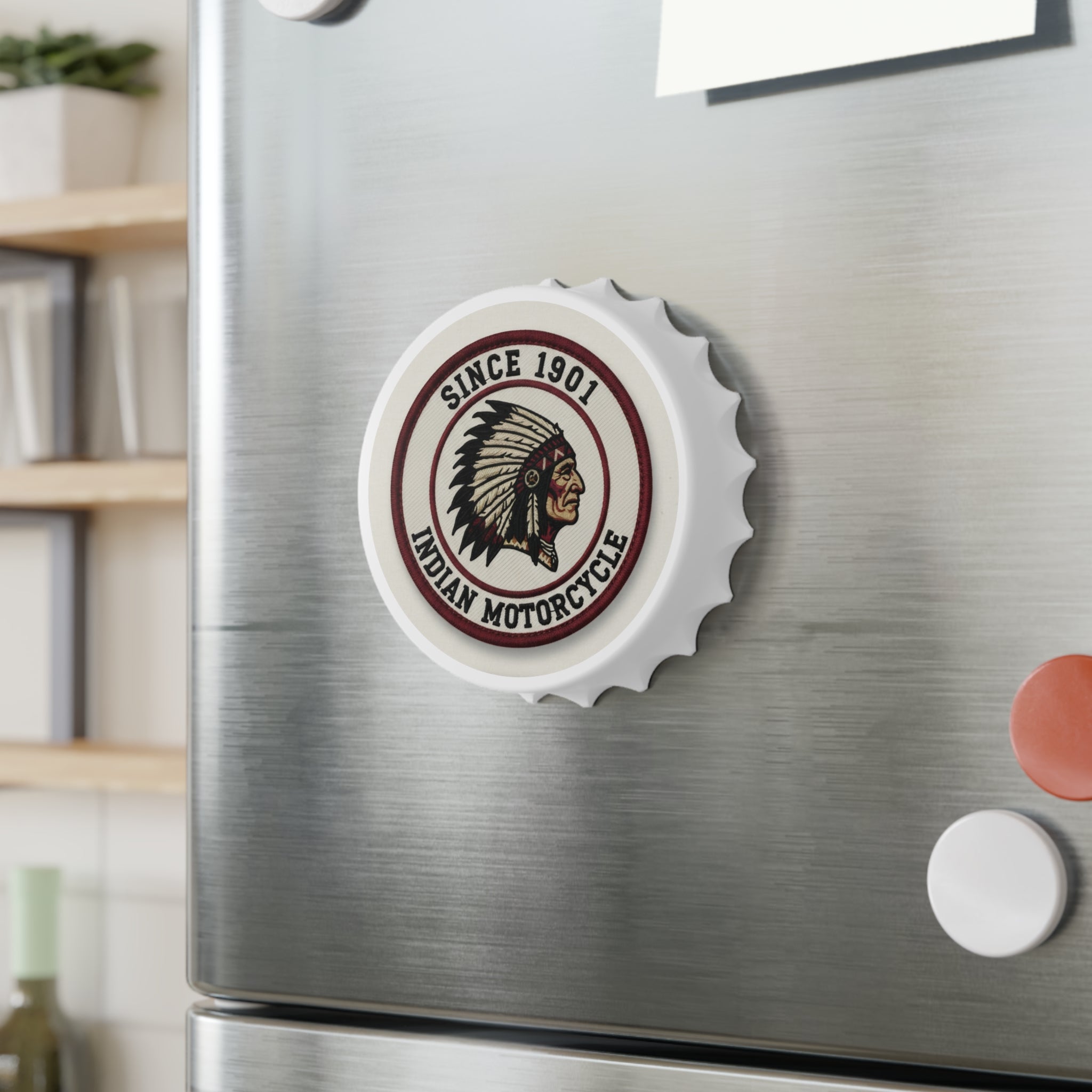 Beer Bottle Opener - Vintage 'Since 1901 Indian Motorcycle' Round Magnet Bottle Cap