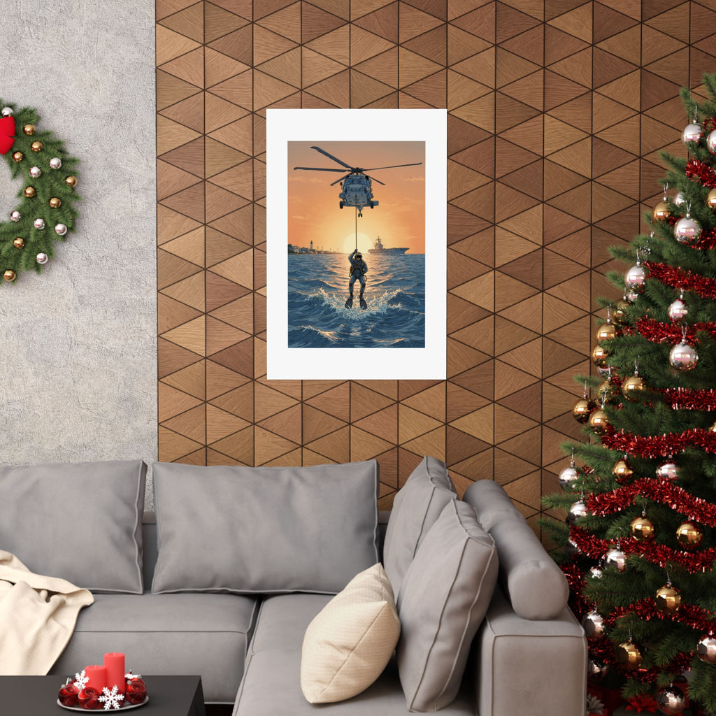 Matte Poster — Navy Rescue Helicopter at Sunset (Vertical)