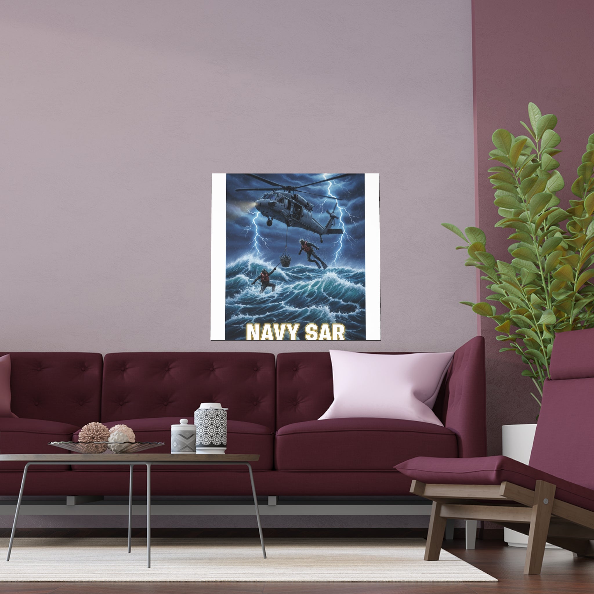 Navy SAR Silk Poster — "Knows No Limits" Rescue Helicopter Art (Indoor/Outdoor)