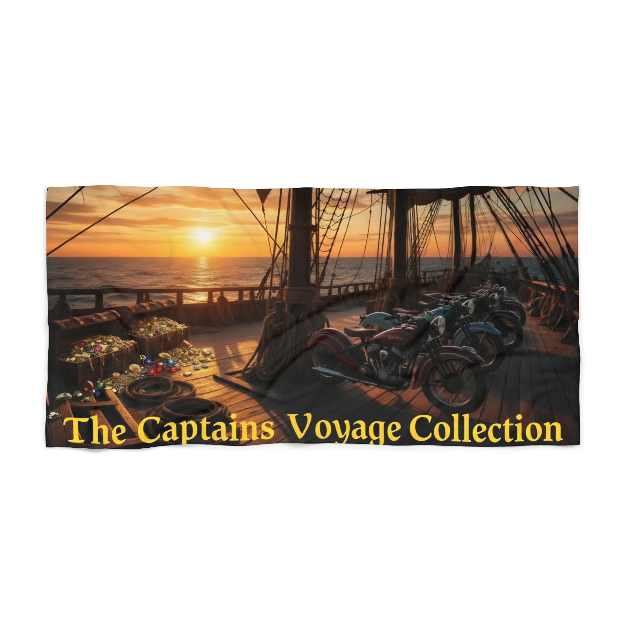 Captain's Voyage Beach Towel — Nautical Sunset Ship Deck Design