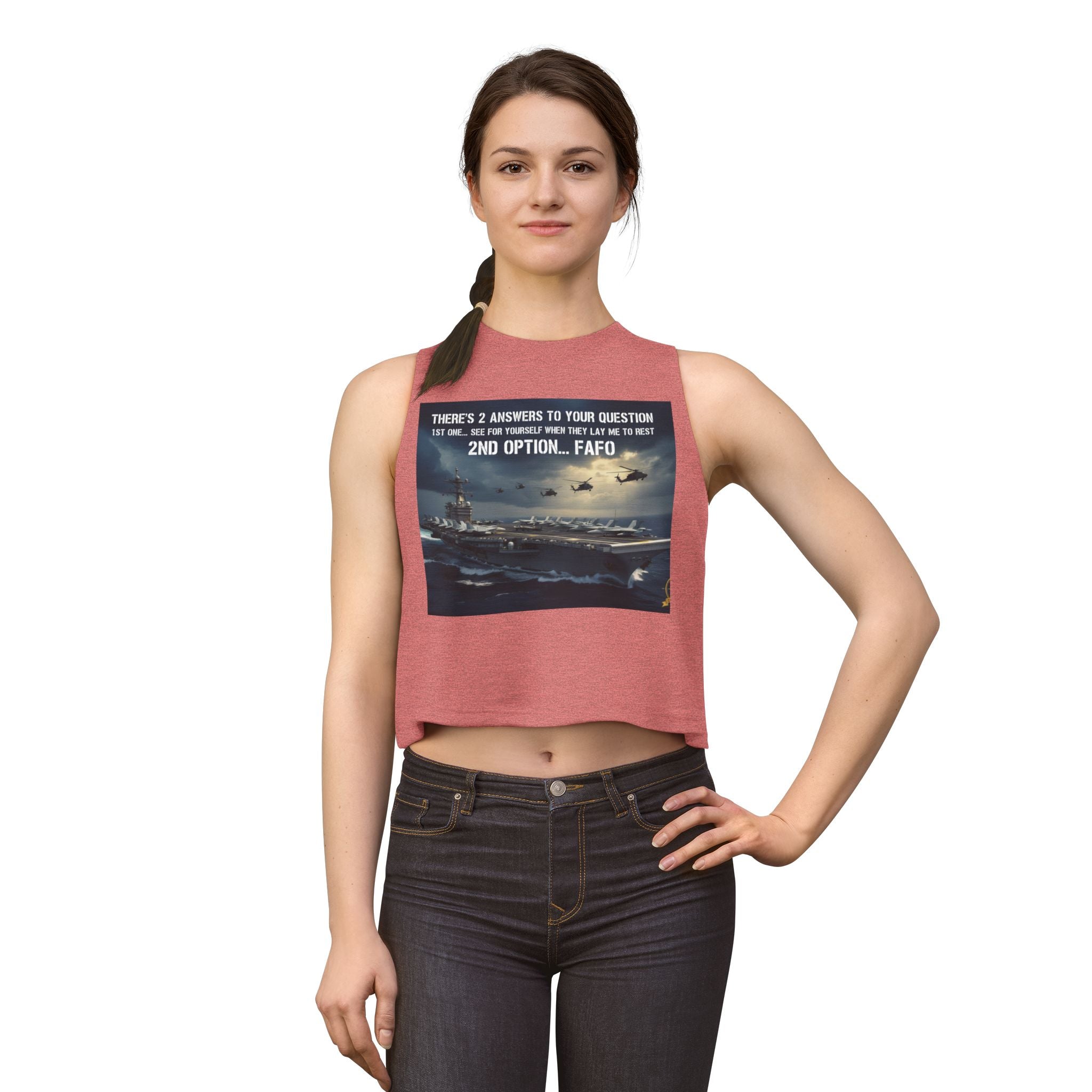 Women’s Crop Top – Military Aircraft Carrier Graphic with “2nd Option…F A F O” Text