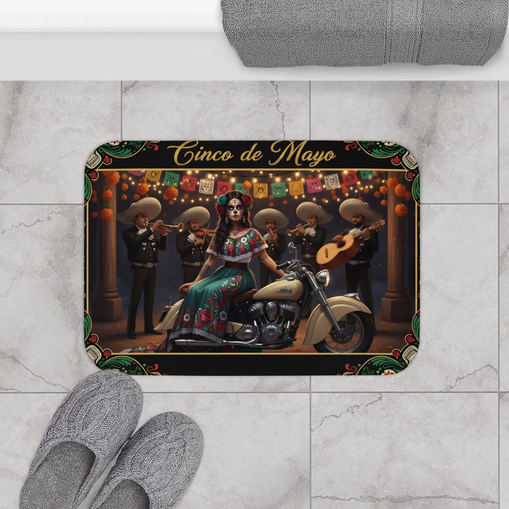 Cinco de Mayo Day of the Dead Motorcycle Bath Mat – Mexican Mariachi Skull Design