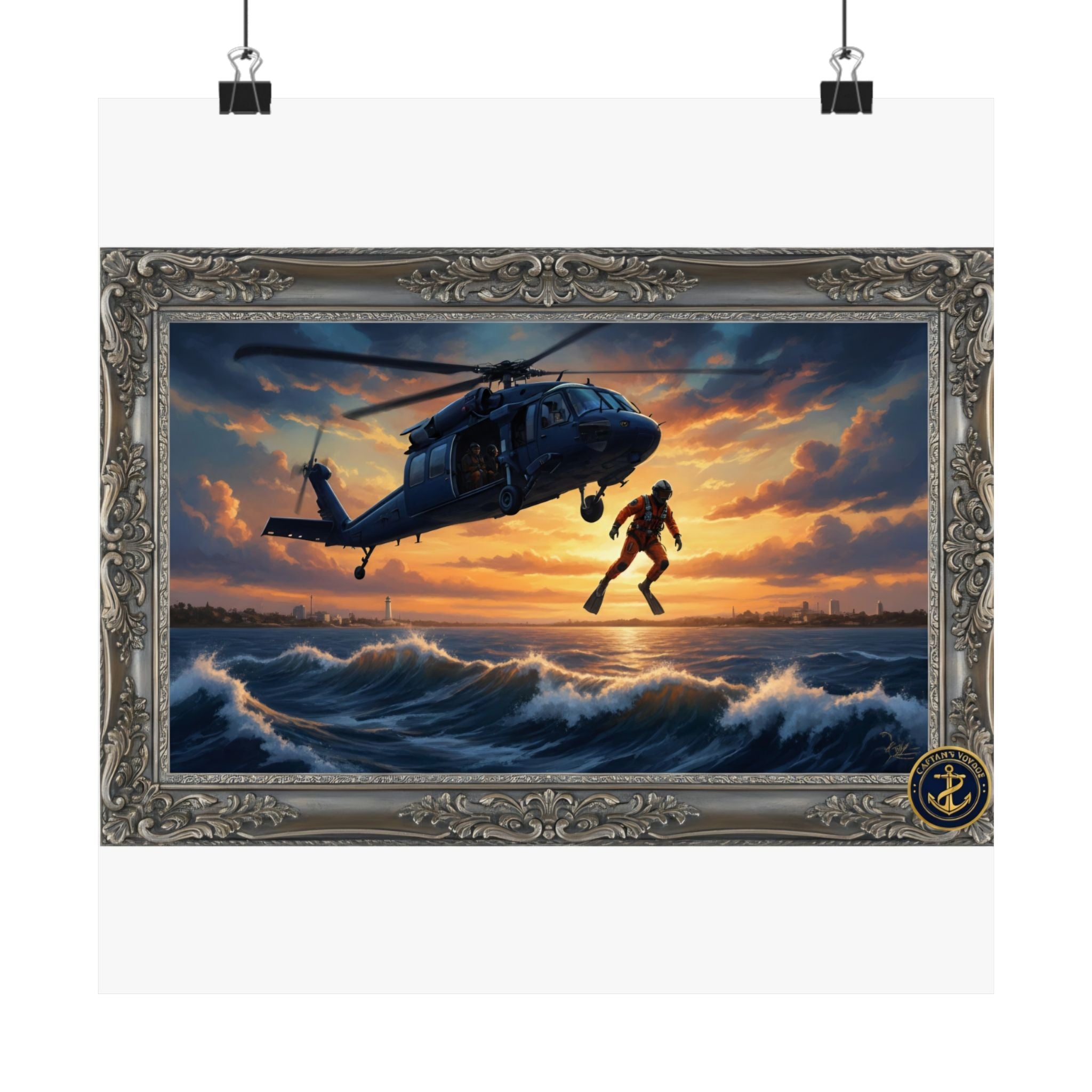 Rescue Helicopter Sunset Poster — Matte Vertical Aviation Wall Art