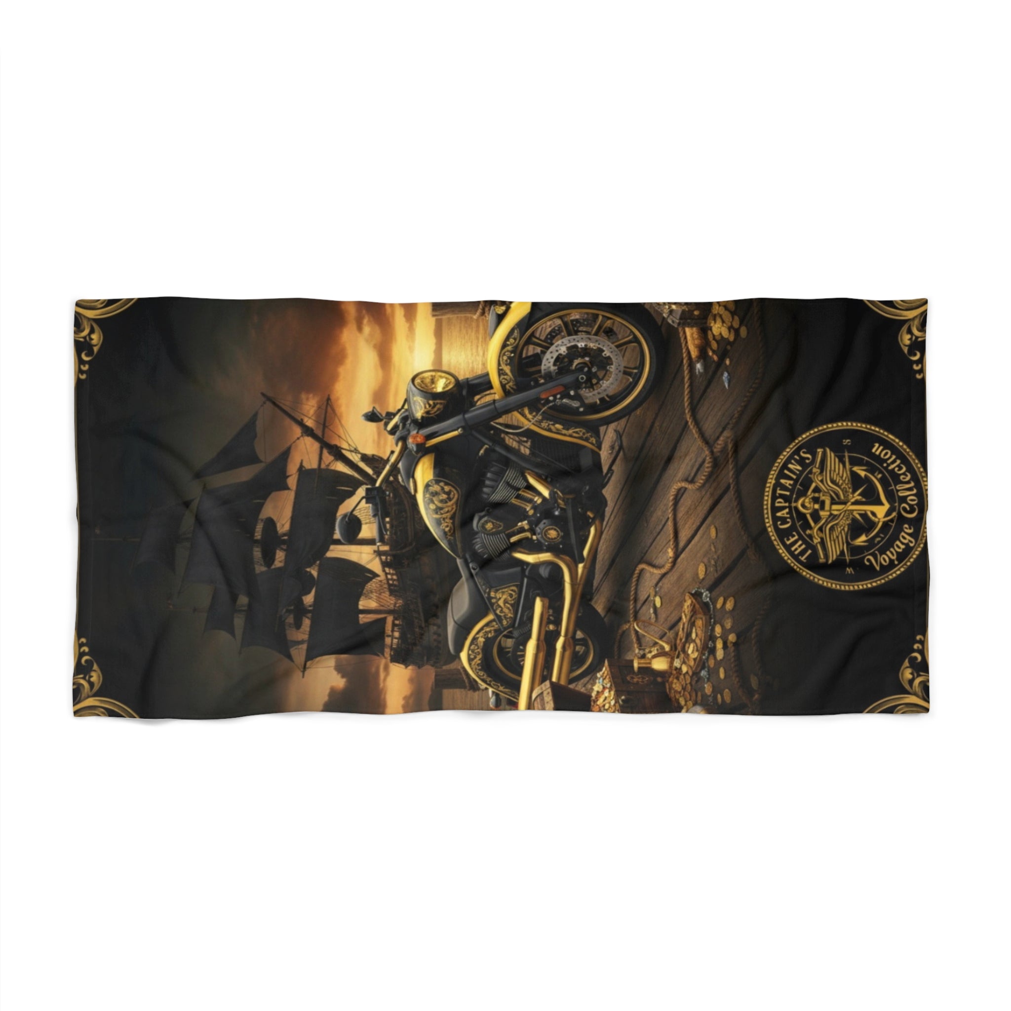 Pirate Motorcycle Beach Towel — Vintage Skull & Ship Sunset Design