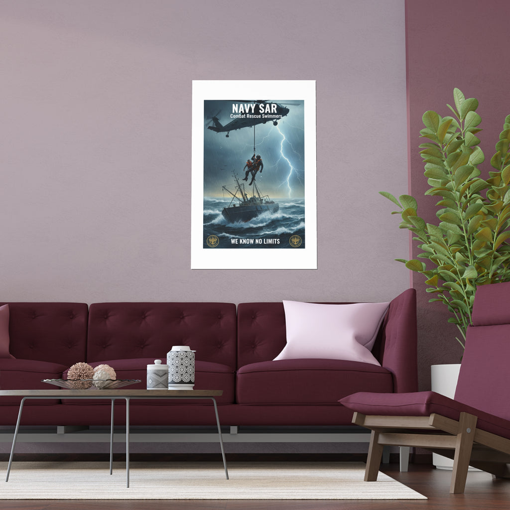 Rescue at Sea Silk Poster — Storm Helicopter Lifesaver Wall Art (Indoor/Outdoor)
