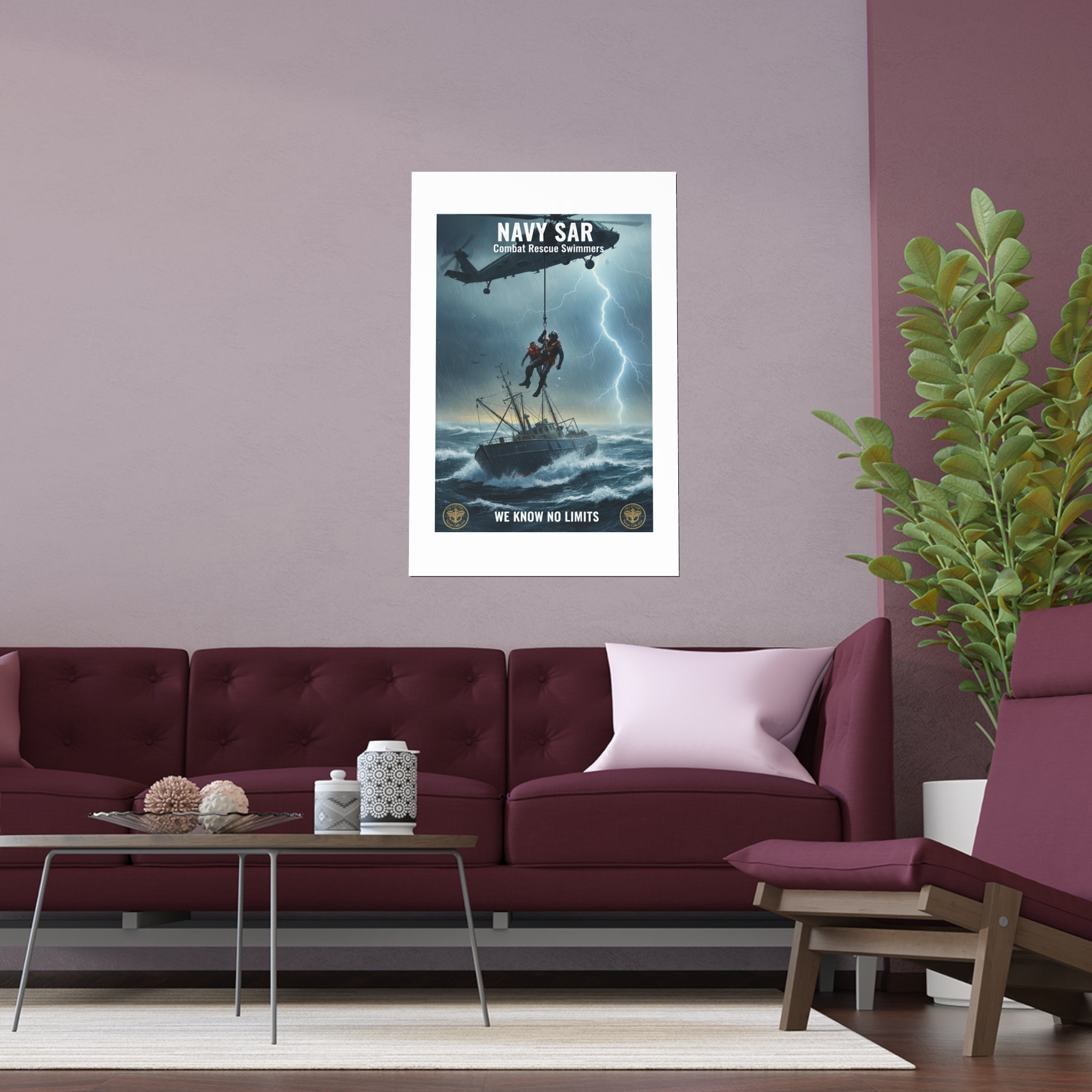 Rescue at Sea Silk Poster — Storm Helicopter Lifesaver Wall Art (Indoor/Outdoor)