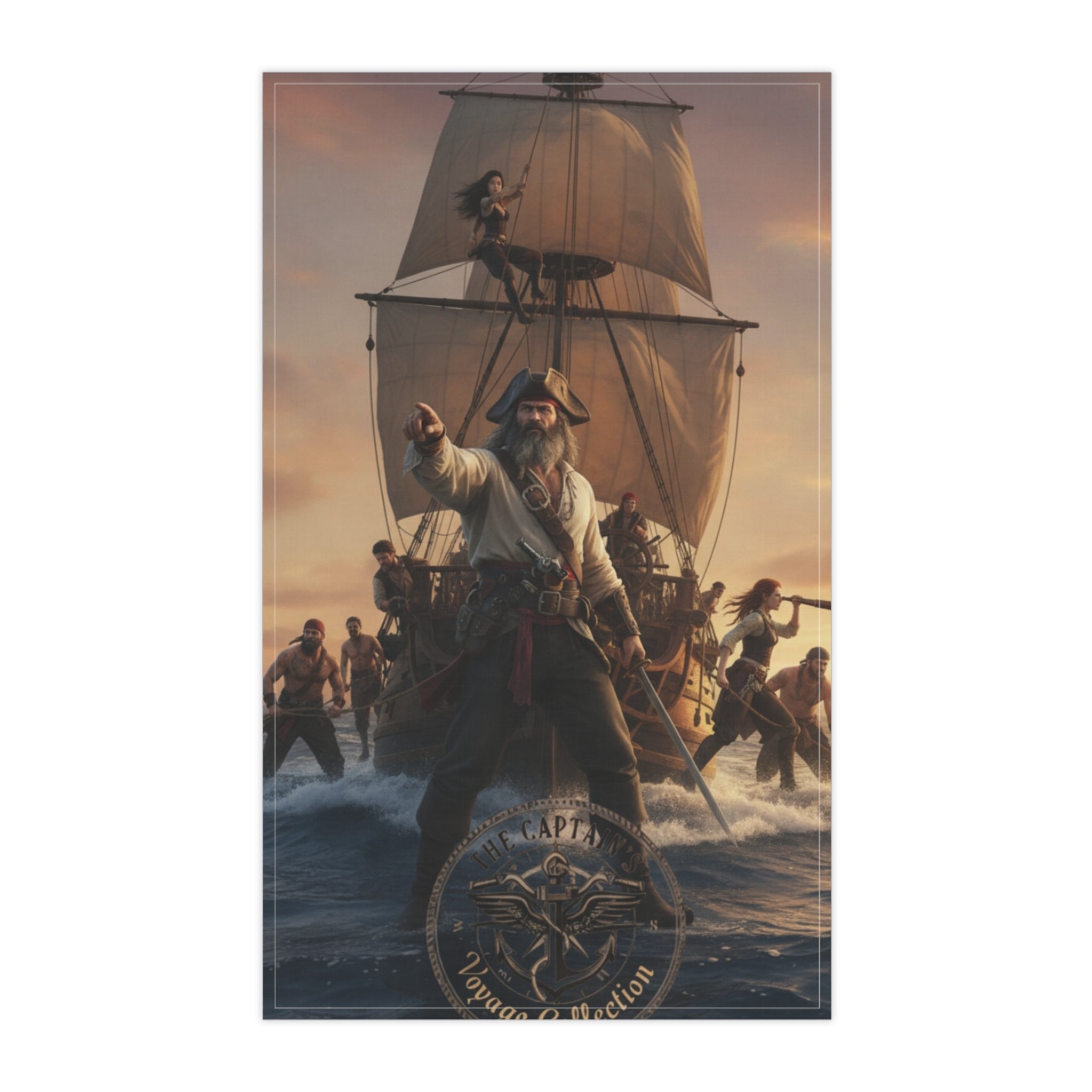 Pirate Ship Tea Towel — Vintage Maritime Captain Kitchen Towel