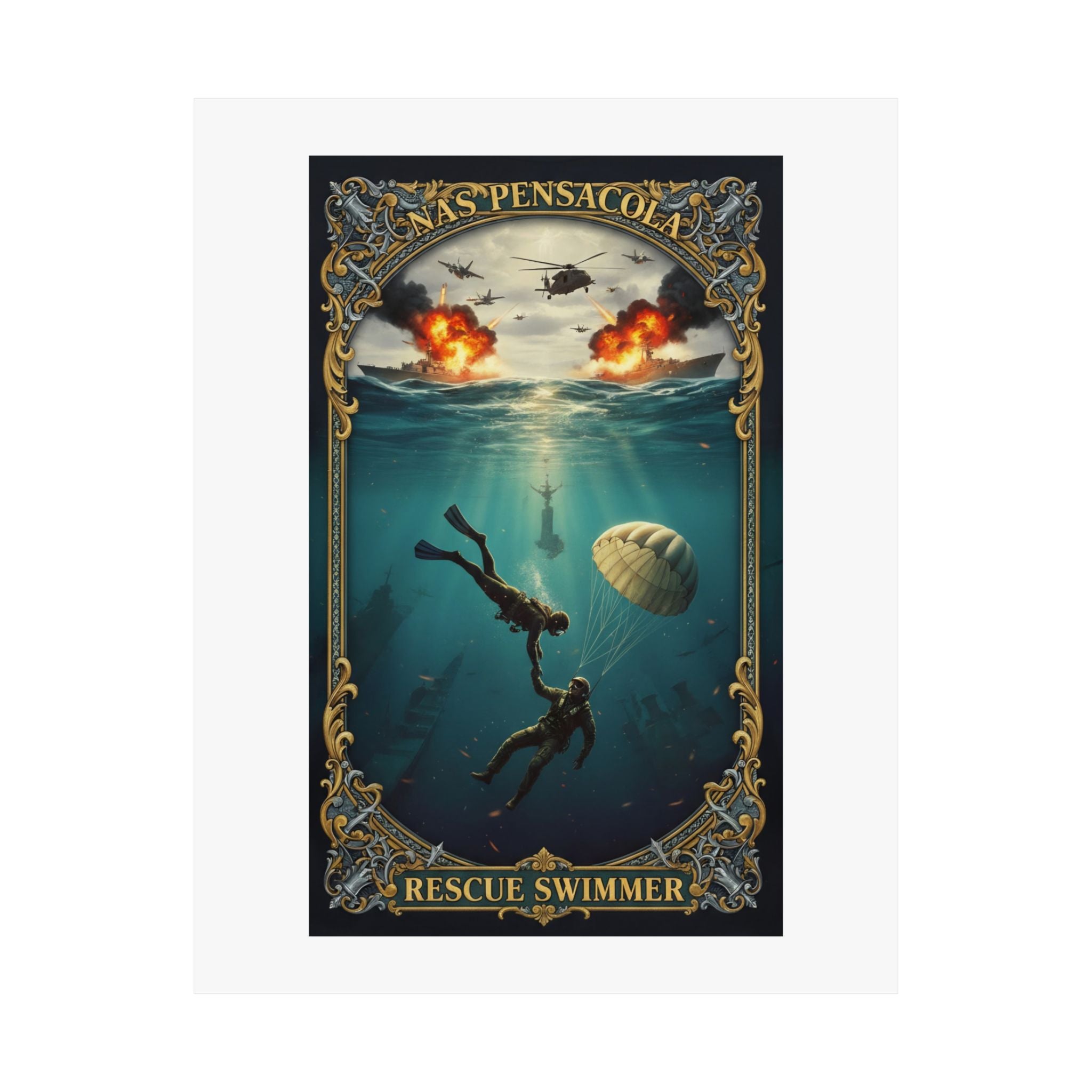 Rescue Swimmer Matte Vertical Poster — NAS Pensacola Military Aviation & Sea Rescue Art