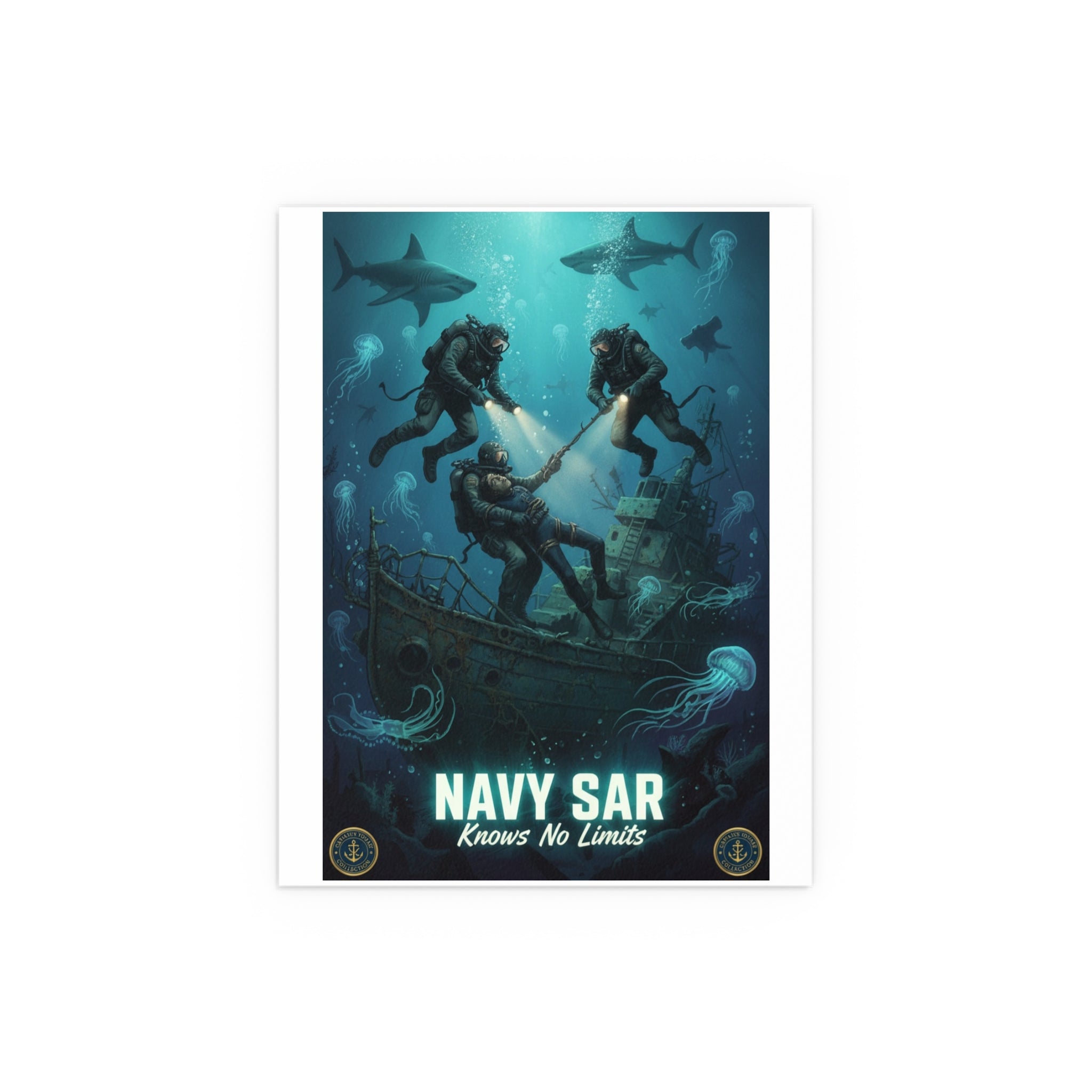 Navy SAR Silk Poster — 'Knows No Limits' Underwater Diver Rescue Art
