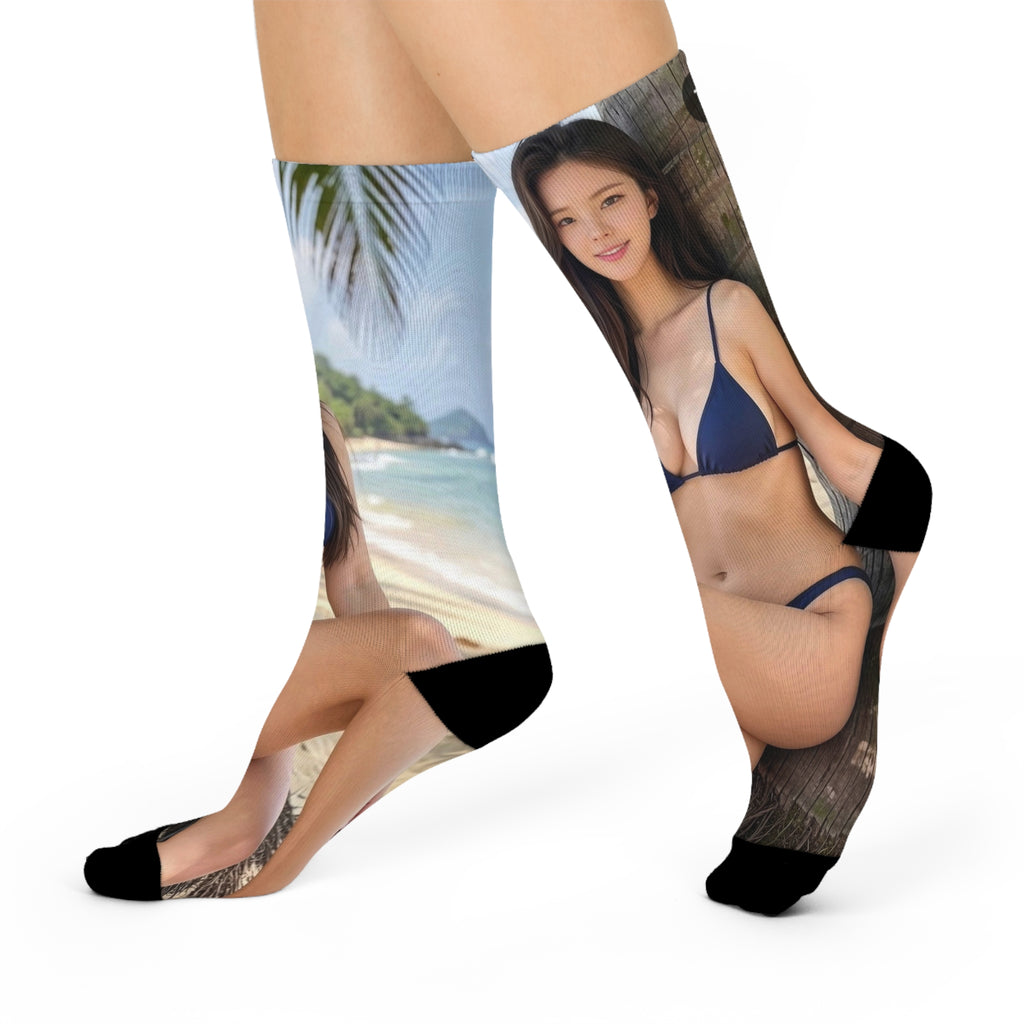 Tropical Beach Photo Crew Socks — Custom Vacation Portrait Socks