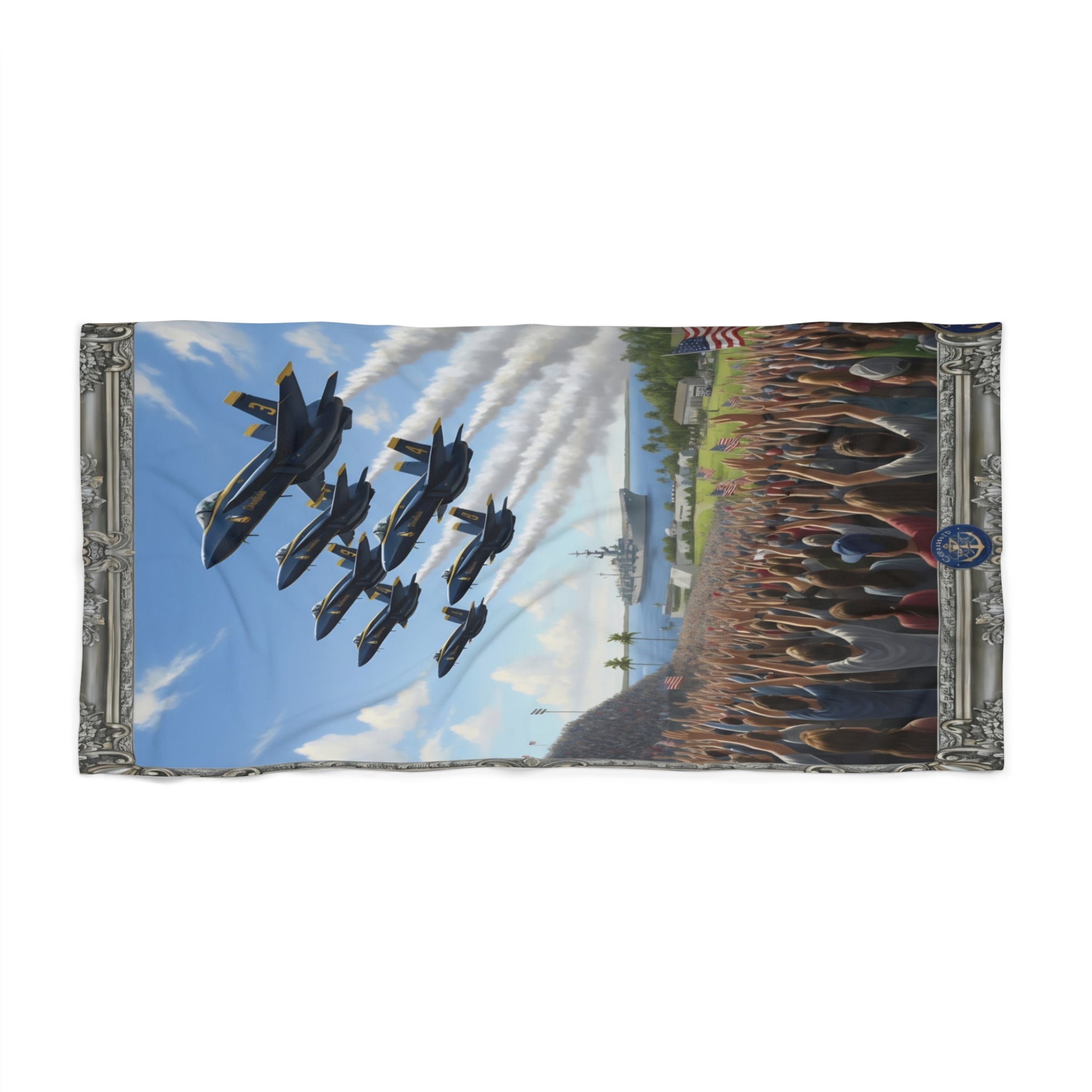 Blue Angels Airshow Beach Towel — Military Jet Flyover Crowd Design