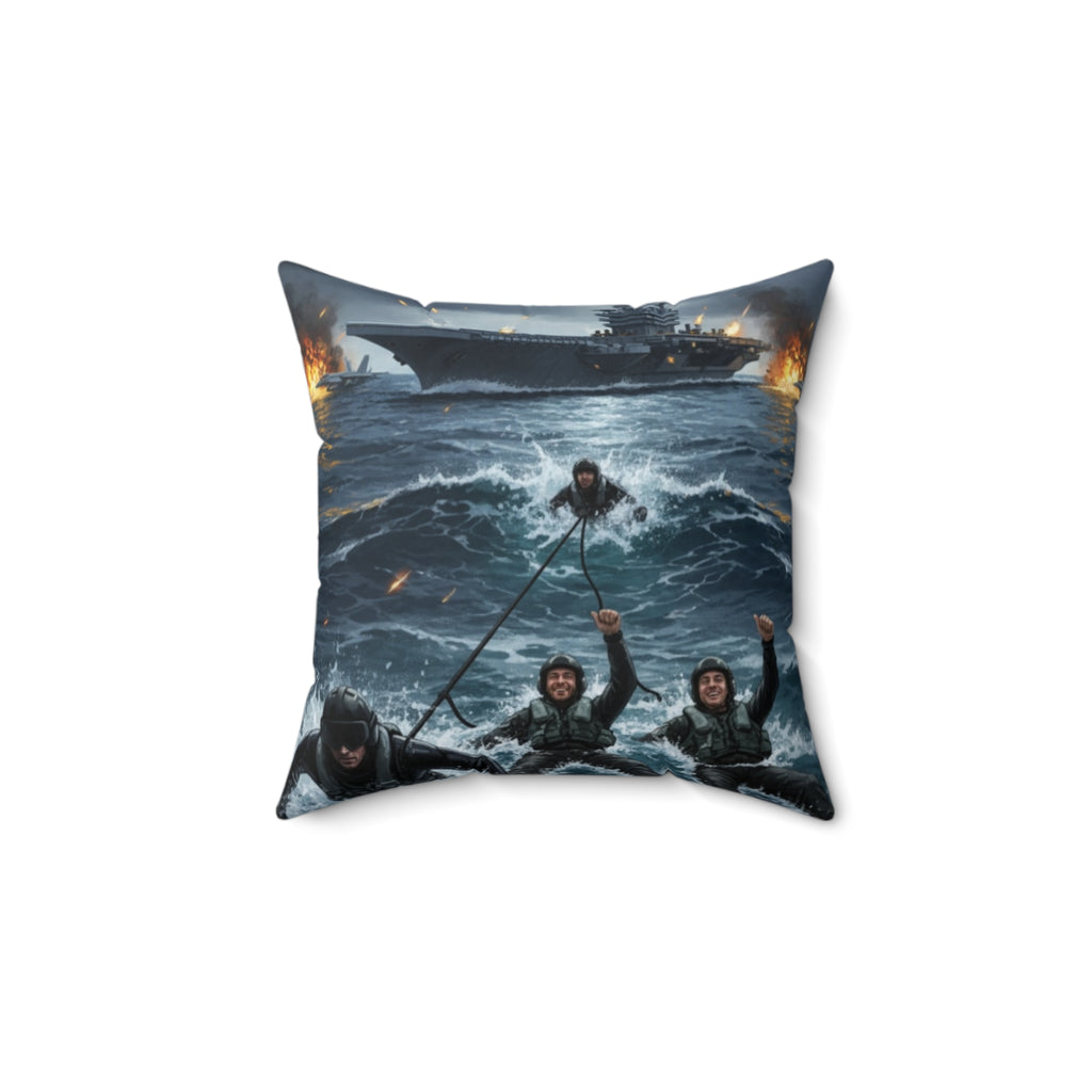 Military Rescue Scene Decorative Square Pillow — Navy Combat Helicopter & Ship Illustration