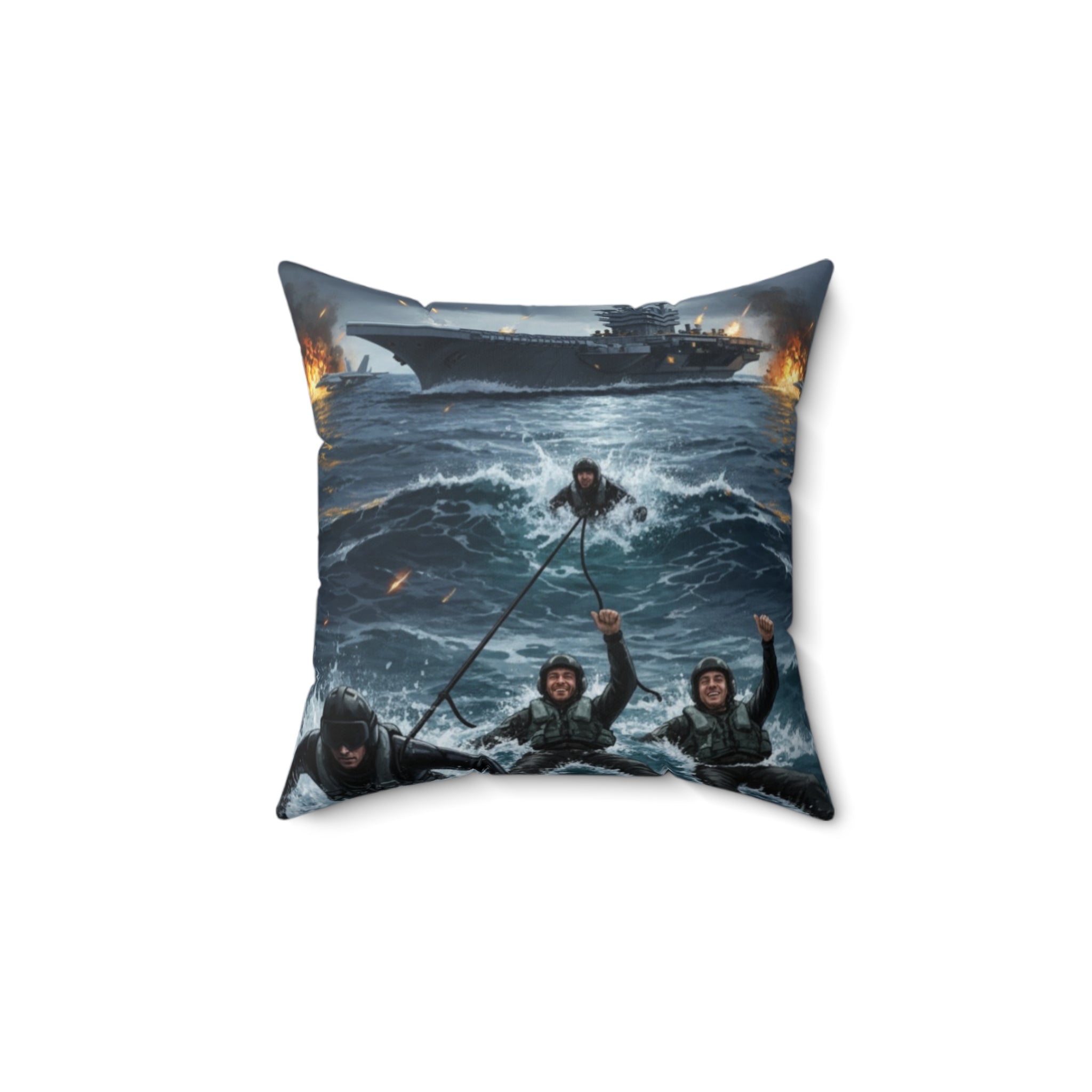 Military Rescue Scene Decorative Square Pillow — Navy Combat Helicopter & Ship Illustration