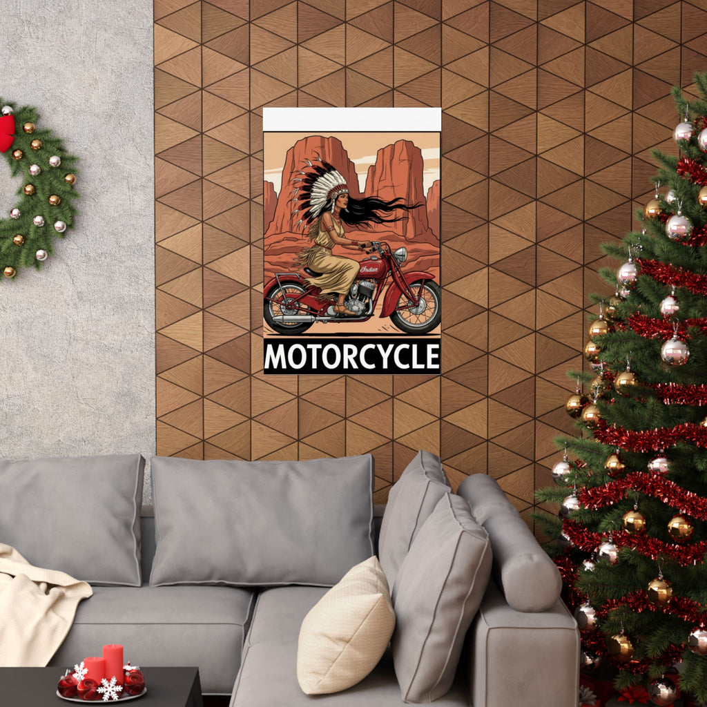 Motorcycle Vintage Poster — Native Woman on Red Indian Bike Matte Vertical Art Print