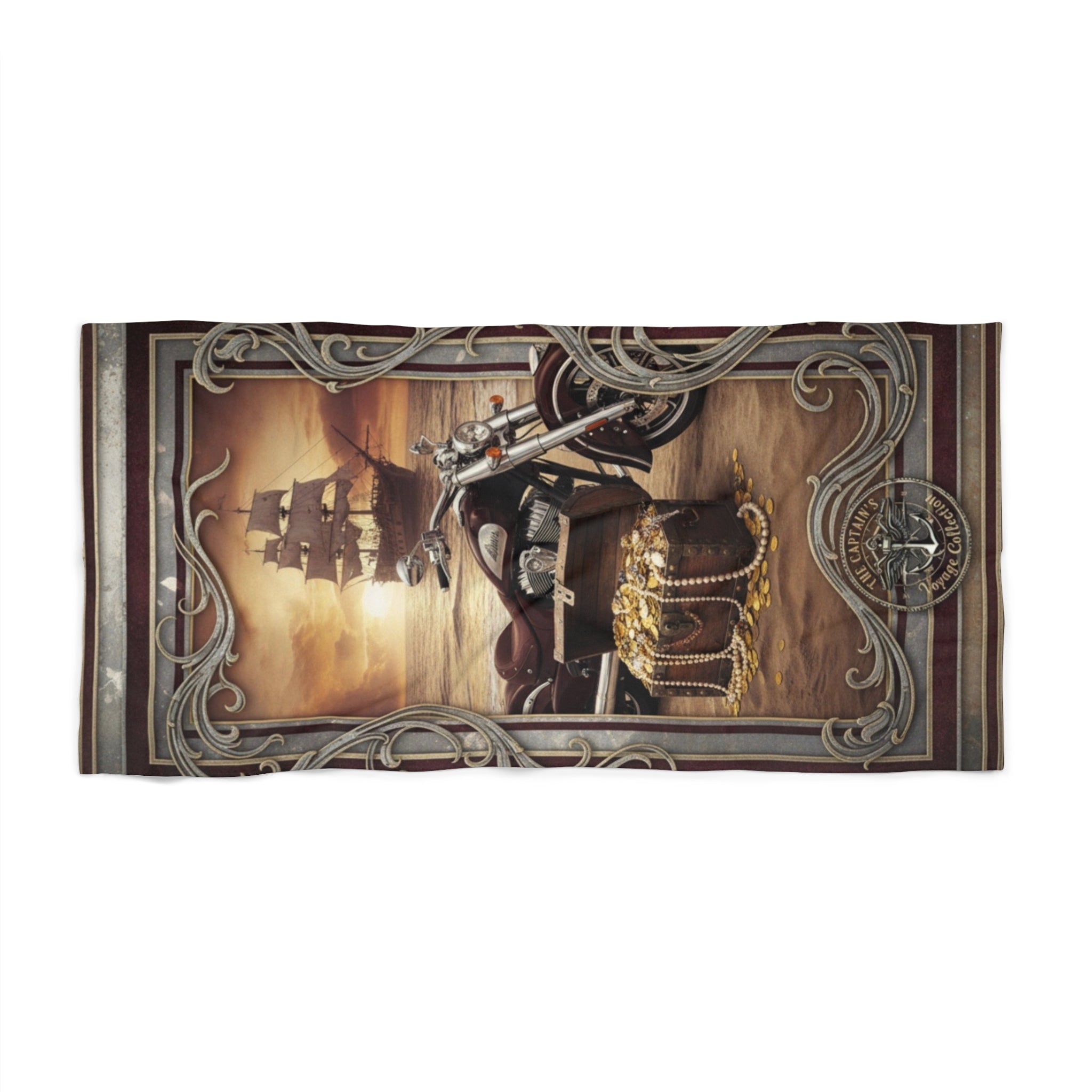 Pirate Treasure Beach Towel — Vintage Ship & Skull Design