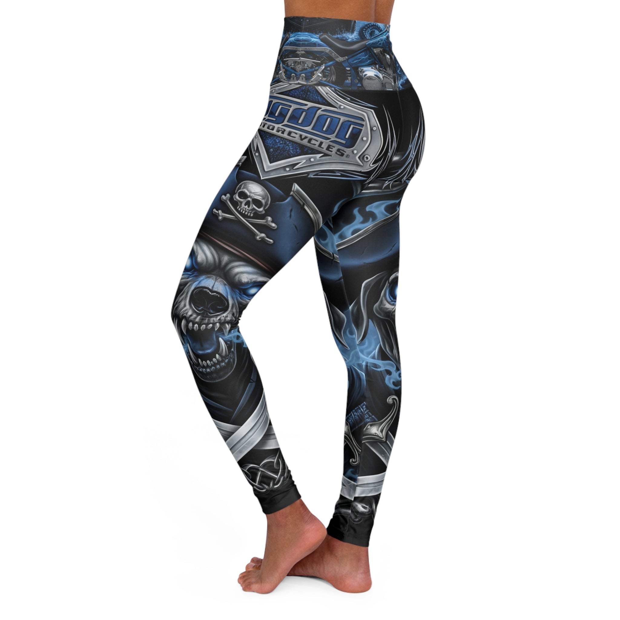 Skull Moto High-Waist Yoga Leggings — Dark Blue Biker Skull Print