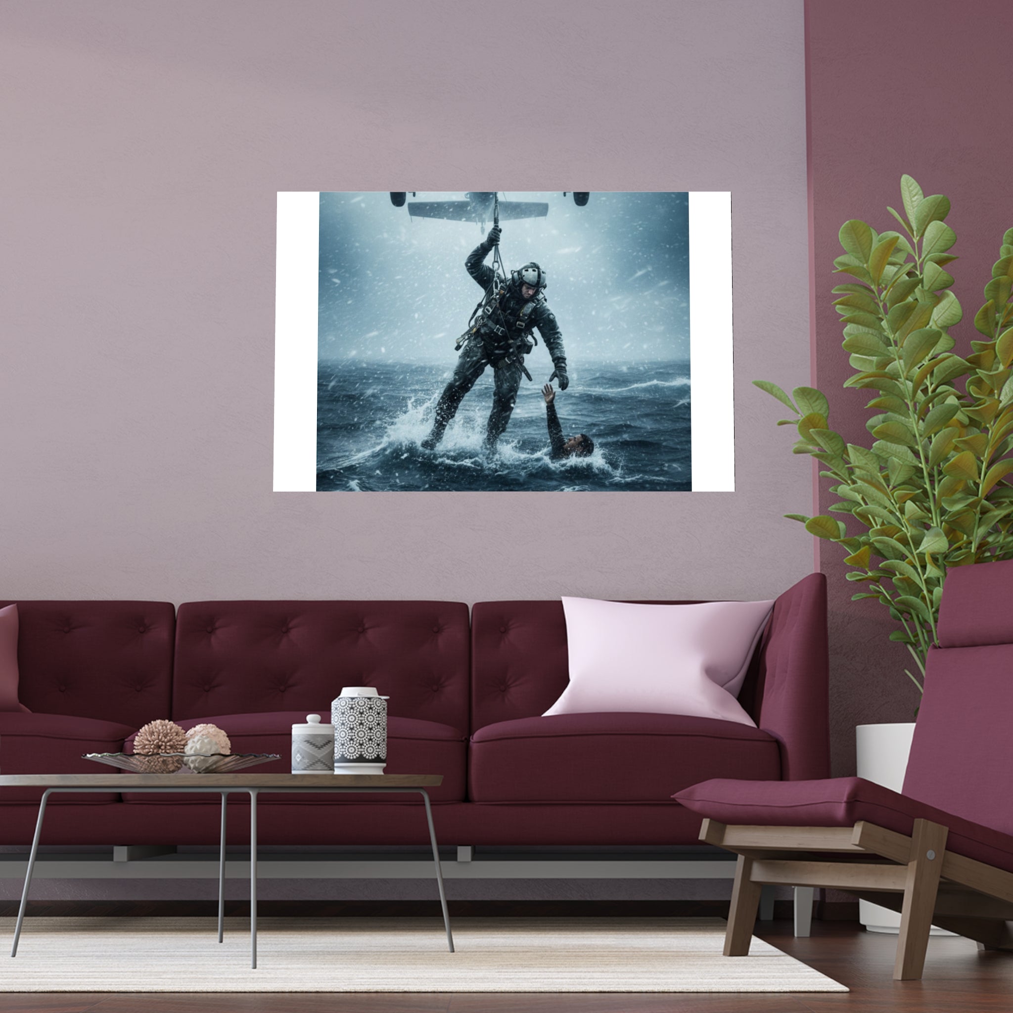 Rescue Diver Silk Poster – Dramatic Sea & Helicopter Wall Art (Indoor/Outdoor)