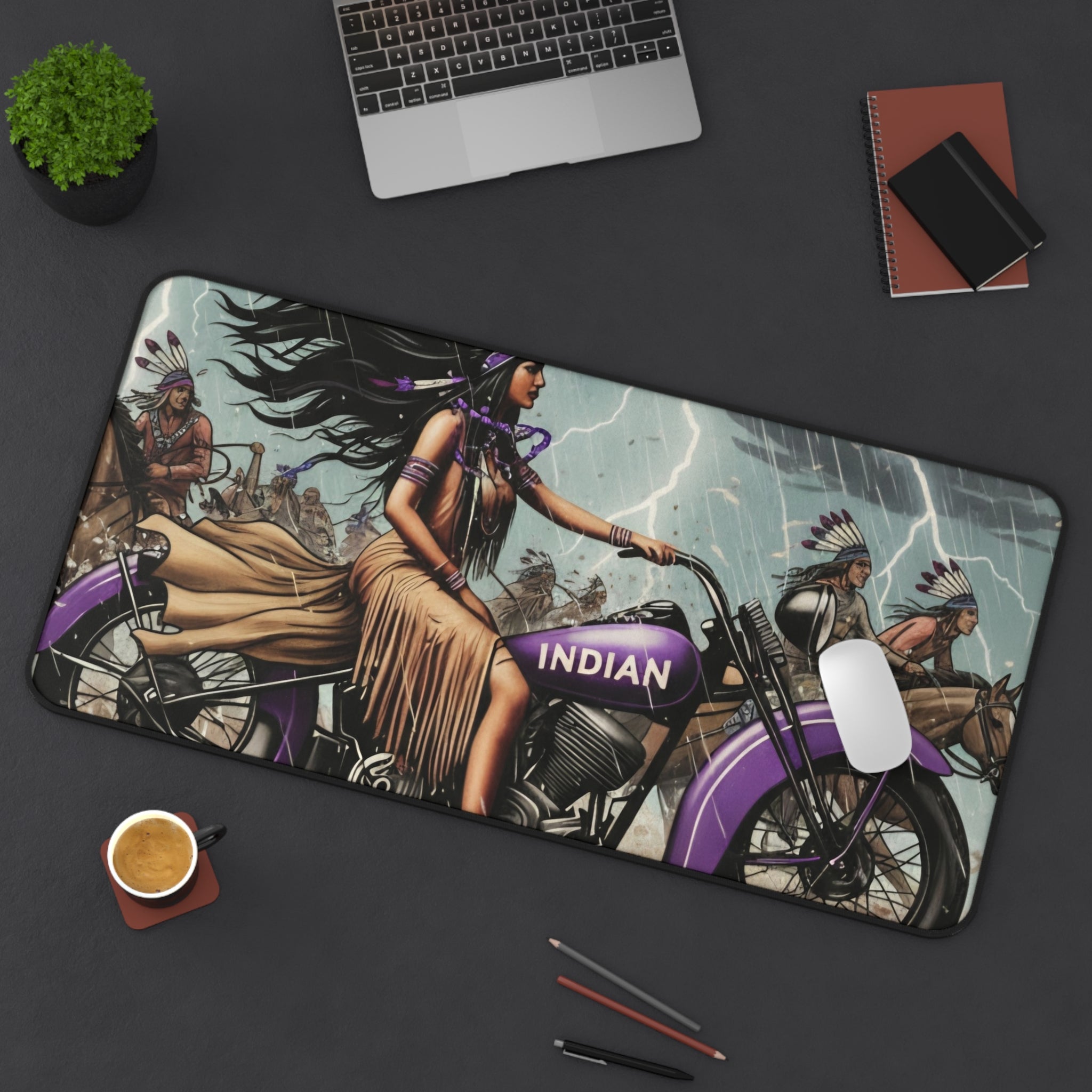 Indian Motorcycle Native Rider Desk Mat — Vintage Biker Art Mouse Pad