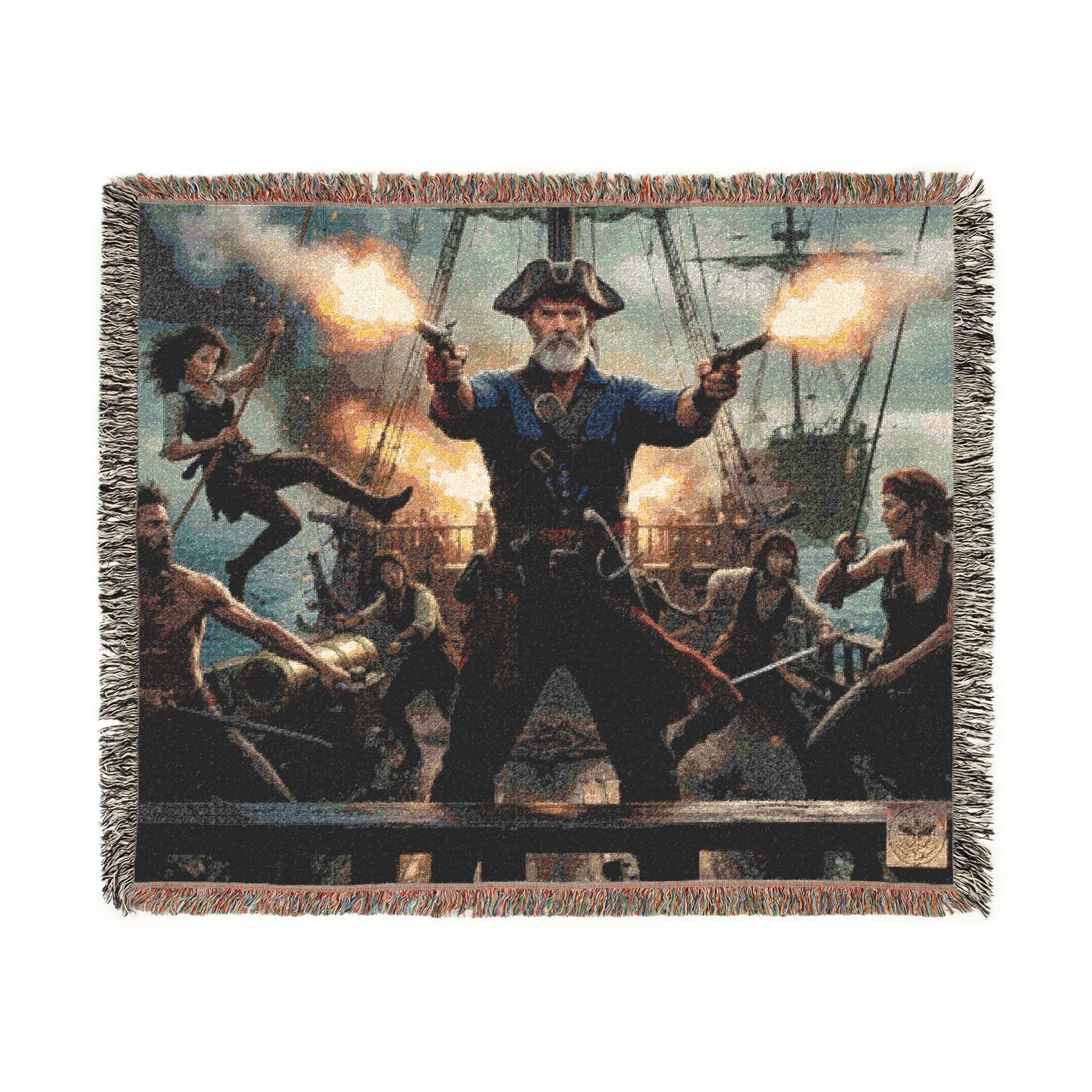 Pirate Captain Throw Blanket — Vintage Ship Battle Woven Tapestry