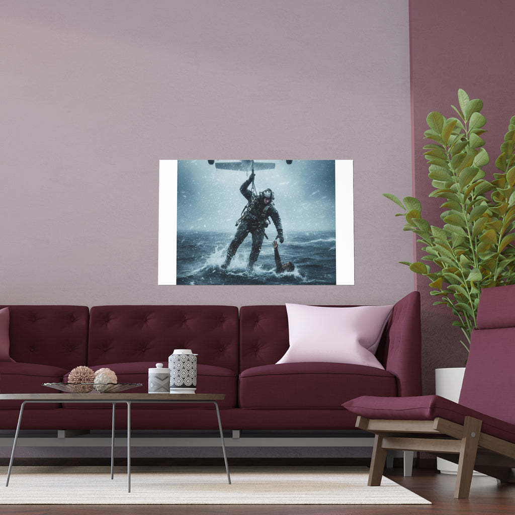 Rescue Diver Silk Poster – Dramatic Sea & Helicopter Wall Art (Indoor/Outdoor)