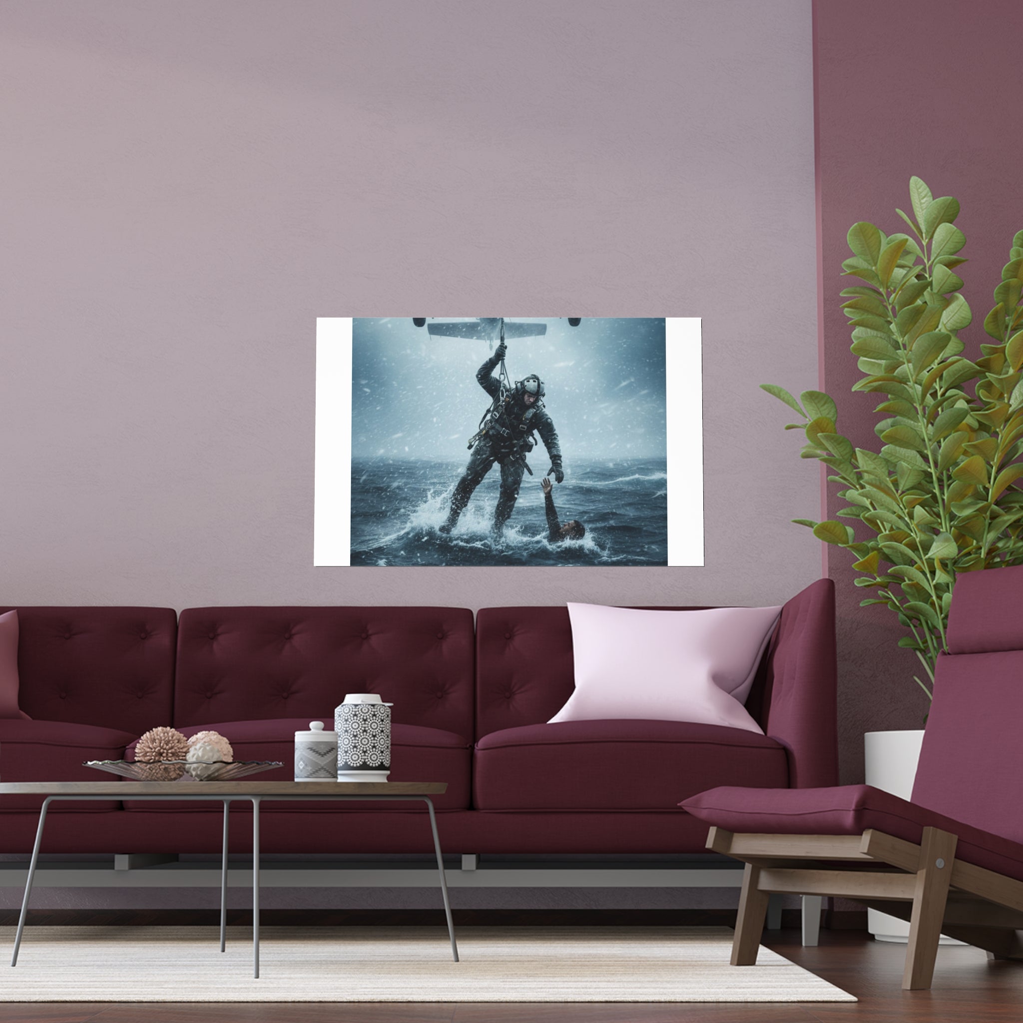 Rescue Diver Silk Poster – Dramatic Sea & Helicopter Wall Art (Indoor/Outdoor)