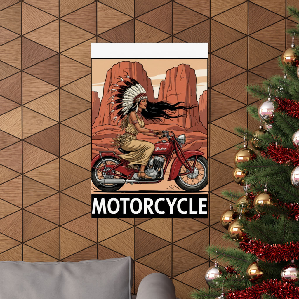Motorcycle Vintage Poster — Native Woman on Red Indian Bike Matte Vertical Art Print