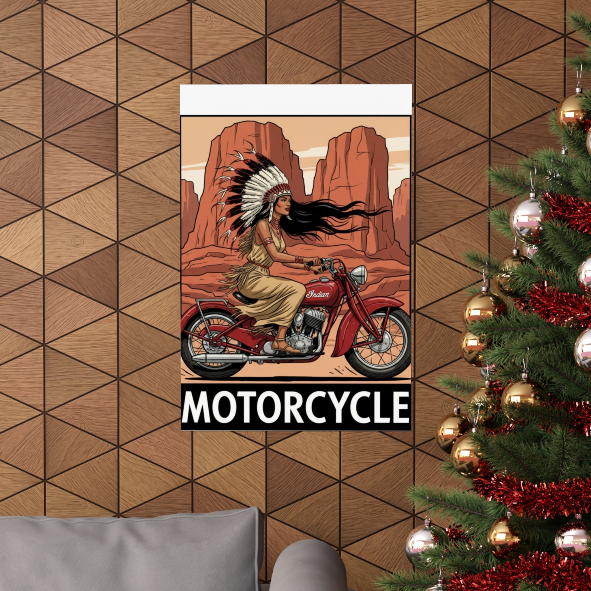 Motorcycle Vintage Poster — Native Woman on Red Indian Bike Matte Vertical Art Print