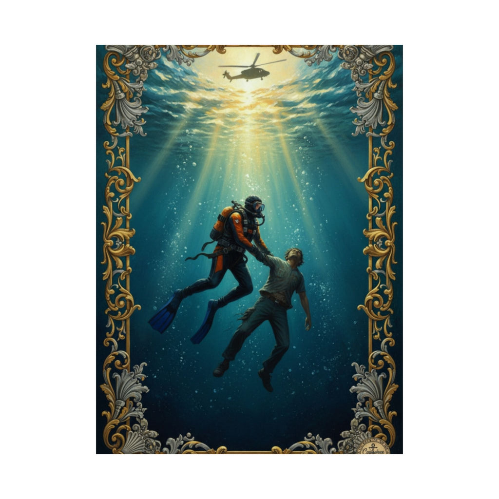 Underwater Rescue Poster — Diver & Child Matte Vertical Art Print