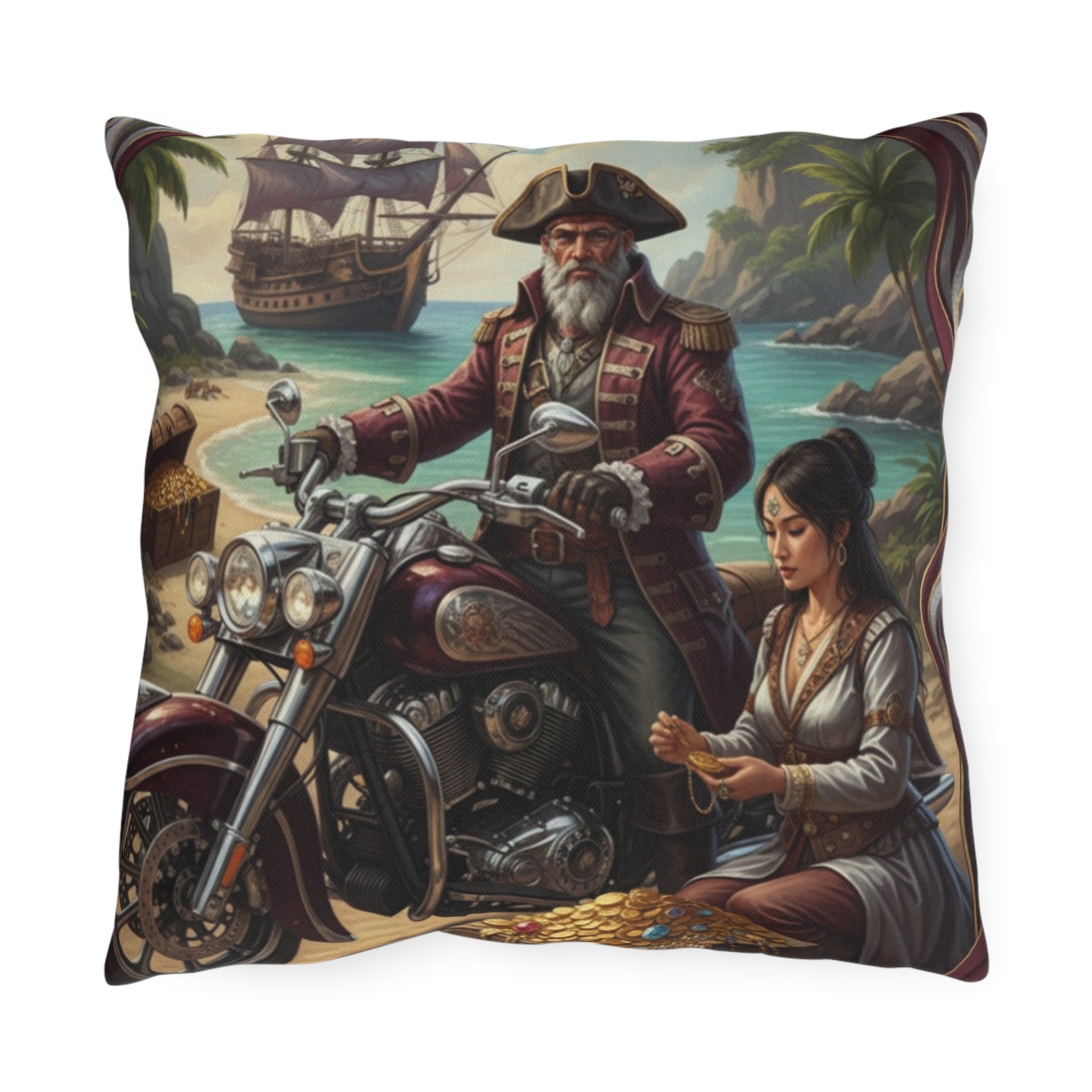 Pirate Sunset Outdoor Pillow — Nautical Pirate Ship Decorative Cushion