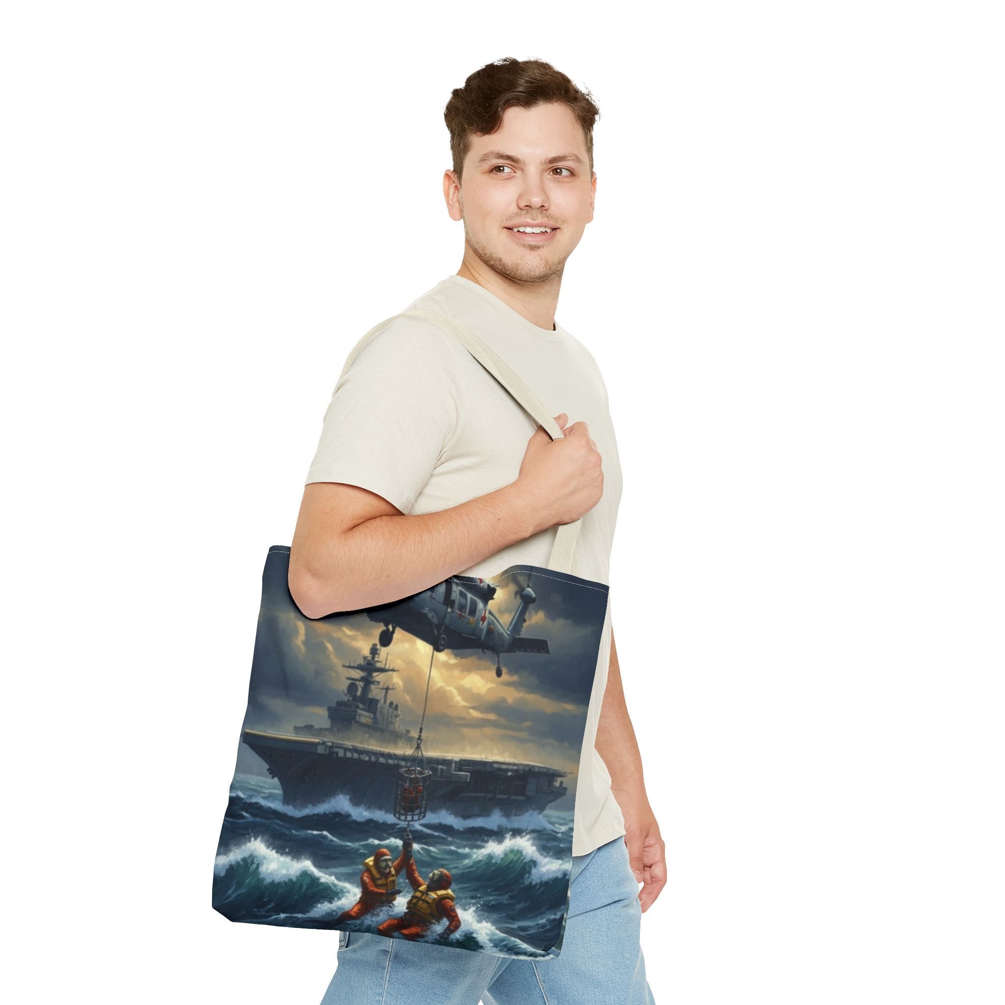 Rescue Squadron Tote Bag – Military Helicopter & Ship Search and Rescue Artwork