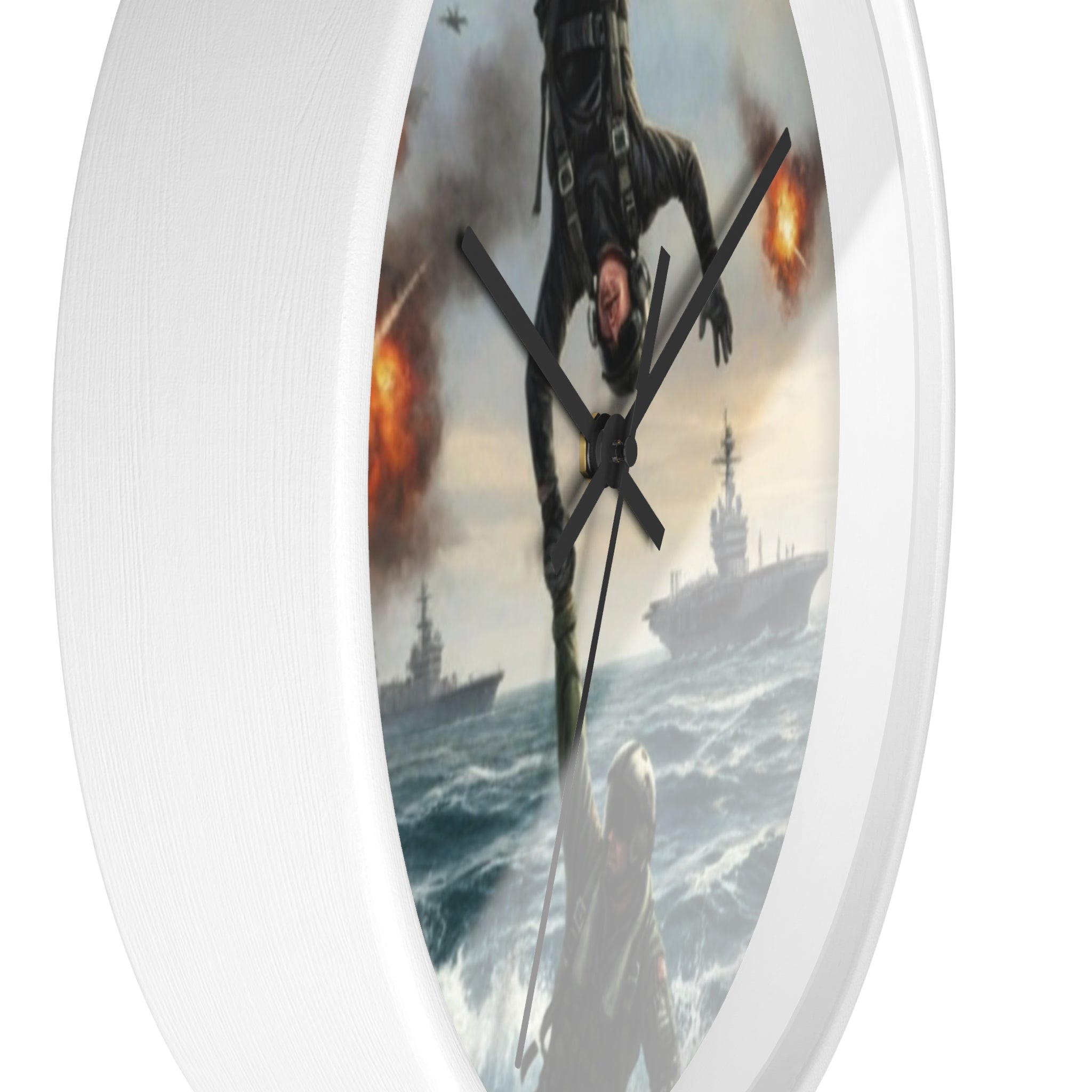 Military Rescue Wall Clock — Navy Helicopter & Sailor Action Scene