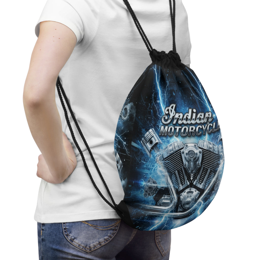 Indian Motorcycle Lightning Drawstring Bag — Vintage V-Twin Engine Gym Sack